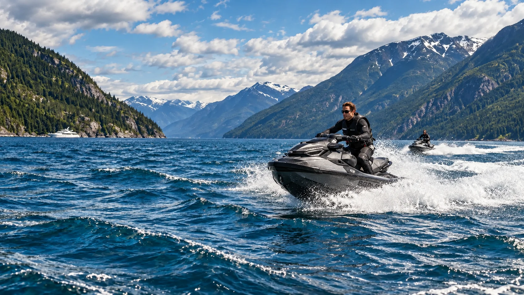 A guest drives a personal watercraft through a mountain inlet, with another rider and a support yacht behind.