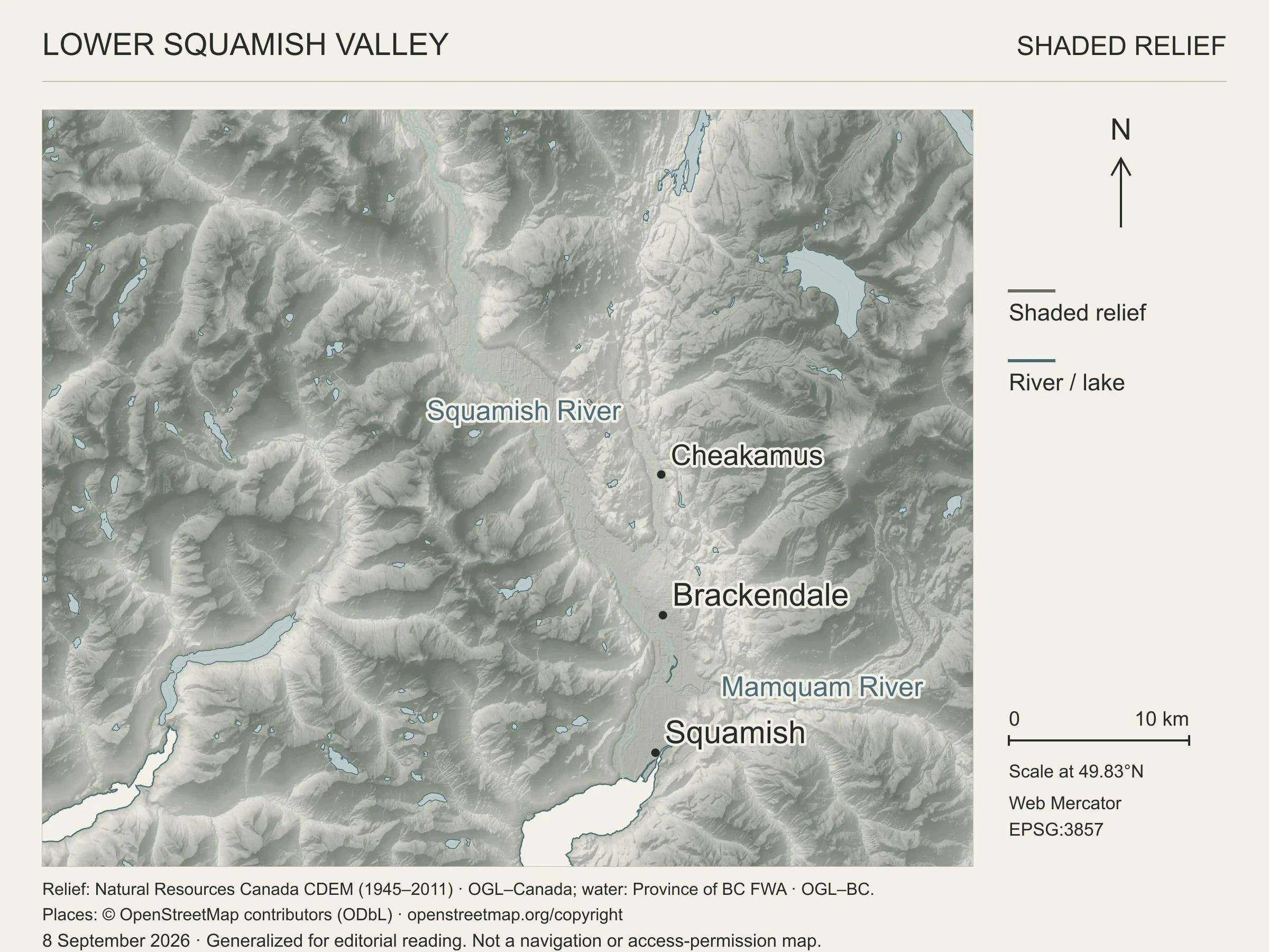 The same lower Squamish Valley extent shown as muted shaded relief, with rivers, lakes and the same settlement reference points.