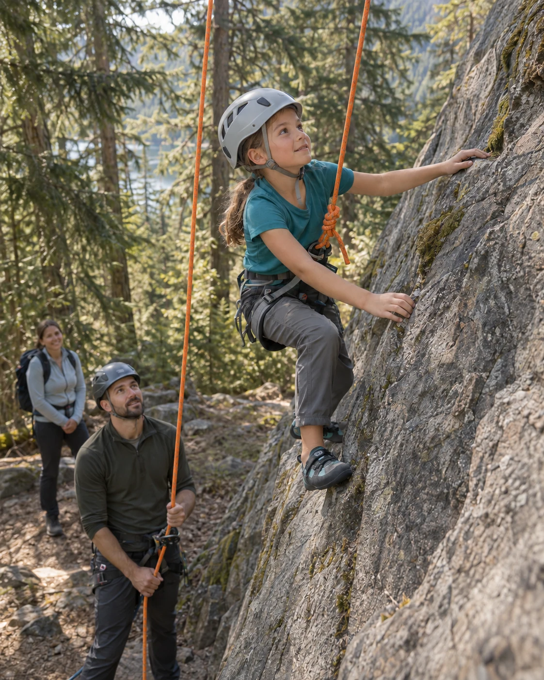 A helmeted child finding handholds on granite, with a top rope and an adult belayer below.