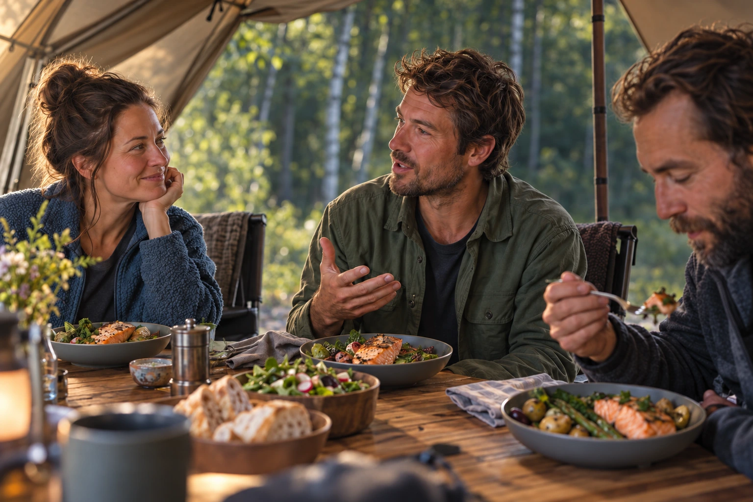 Companions share a salmon dinner and conversation beneath a spacious camp shelter.