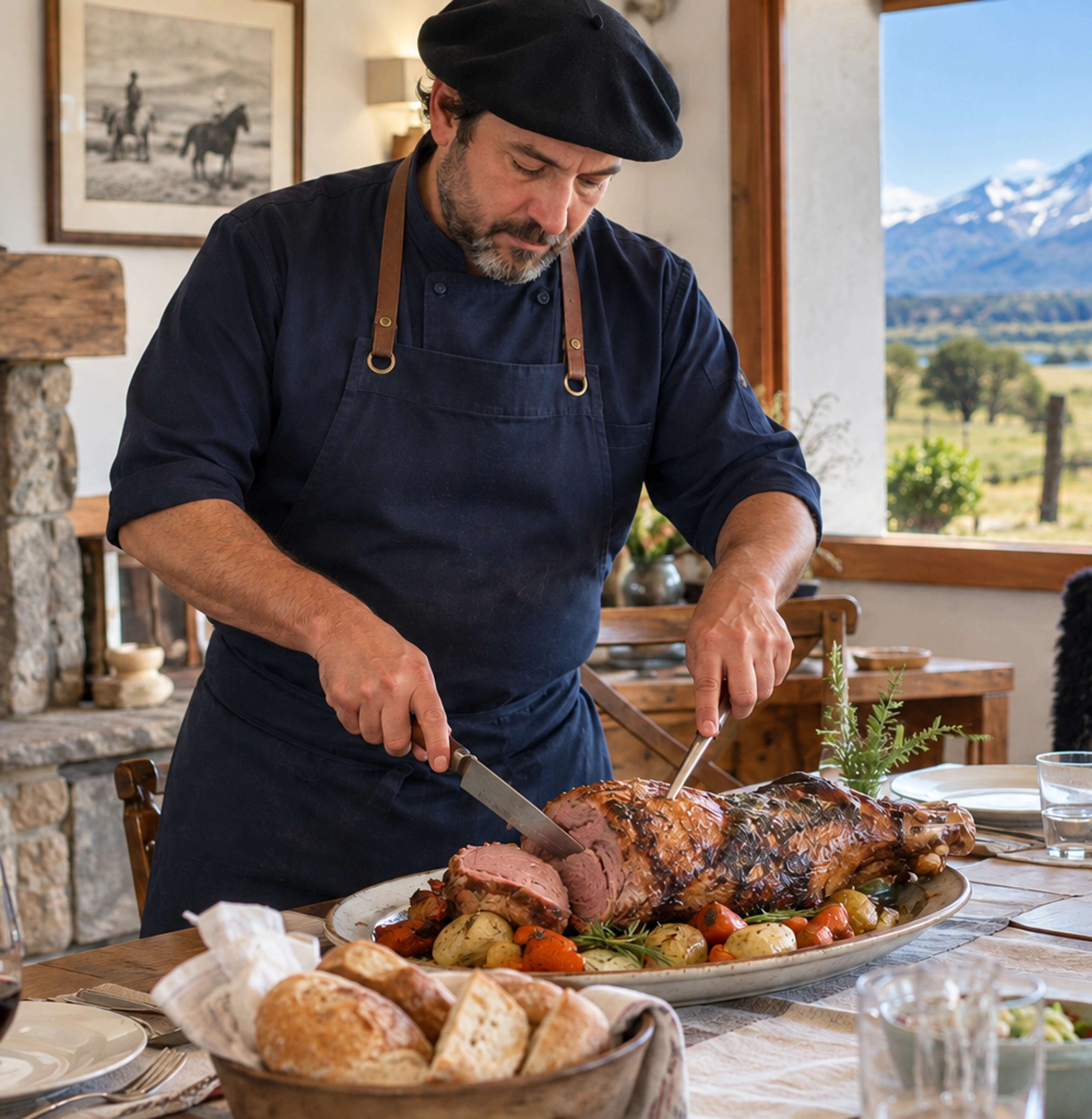 A cook carves roast lamb for a shared meal in an estancia-style dining room.