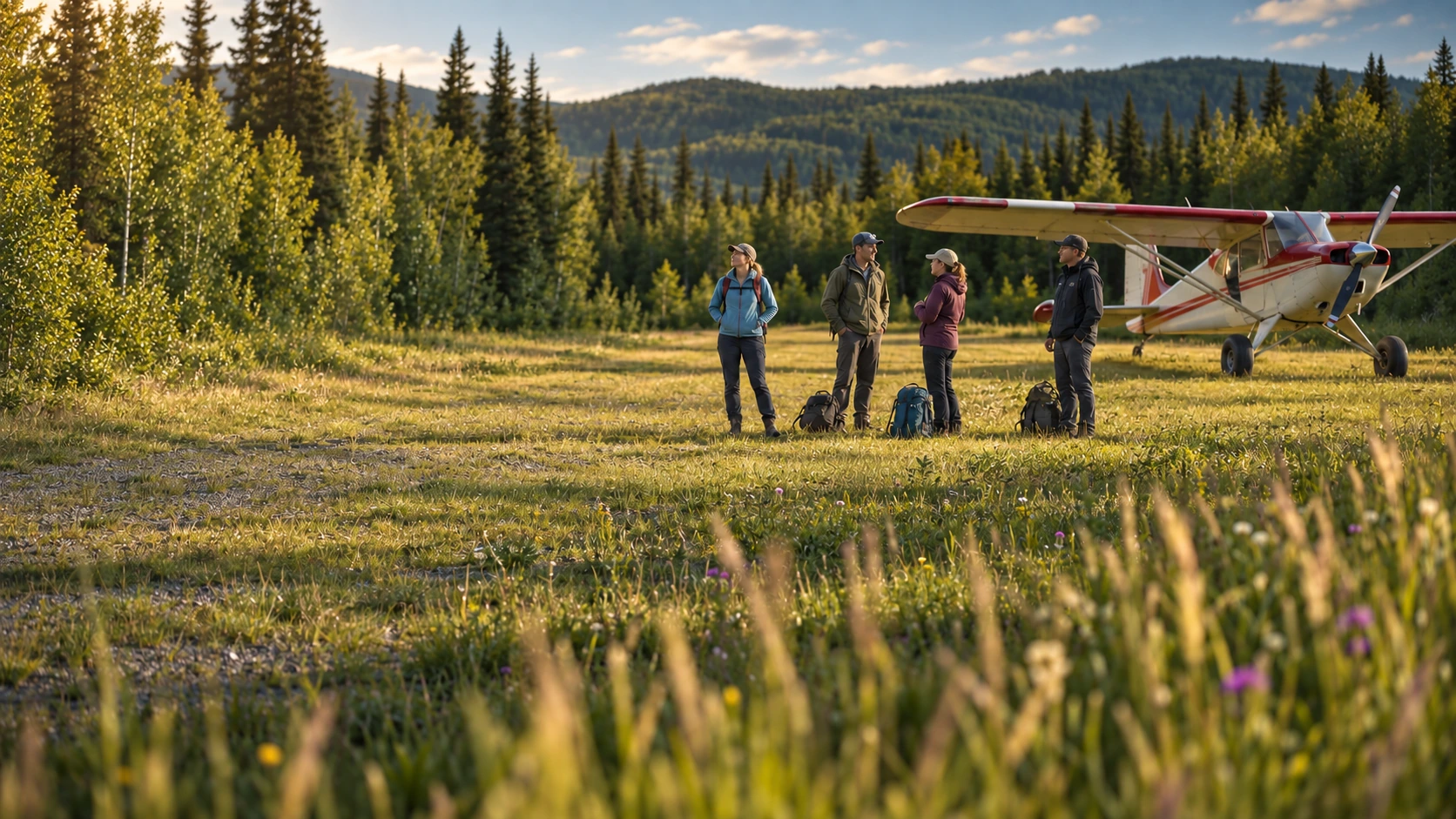 Companions look around a green forest airstrip beside a stationary bush plane.