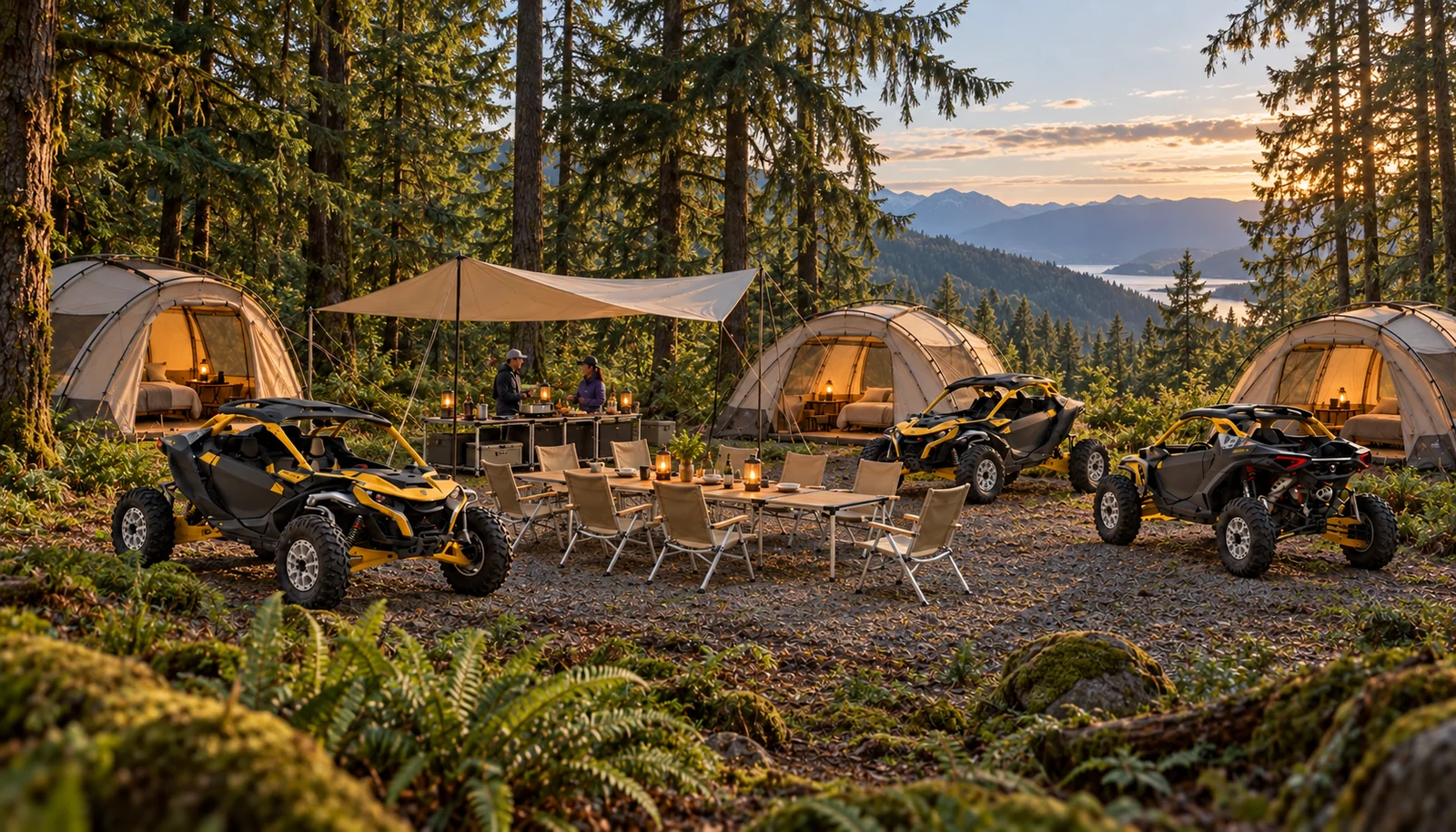 Large domed tents, parked Maverick R vehicles and a sheltered dining area in a forest camp.