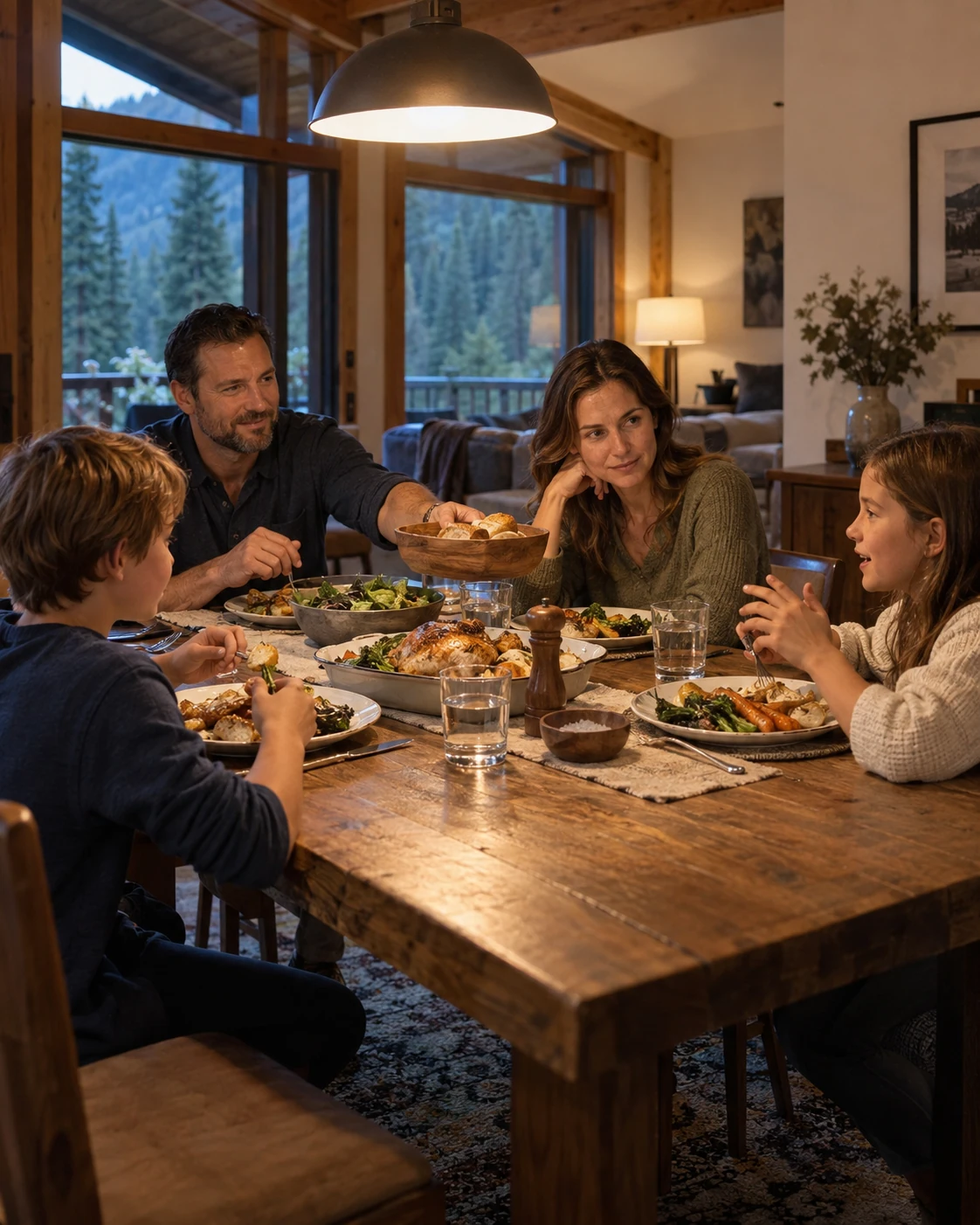 Parents and two children sharing food and conversation around a timber dining table.