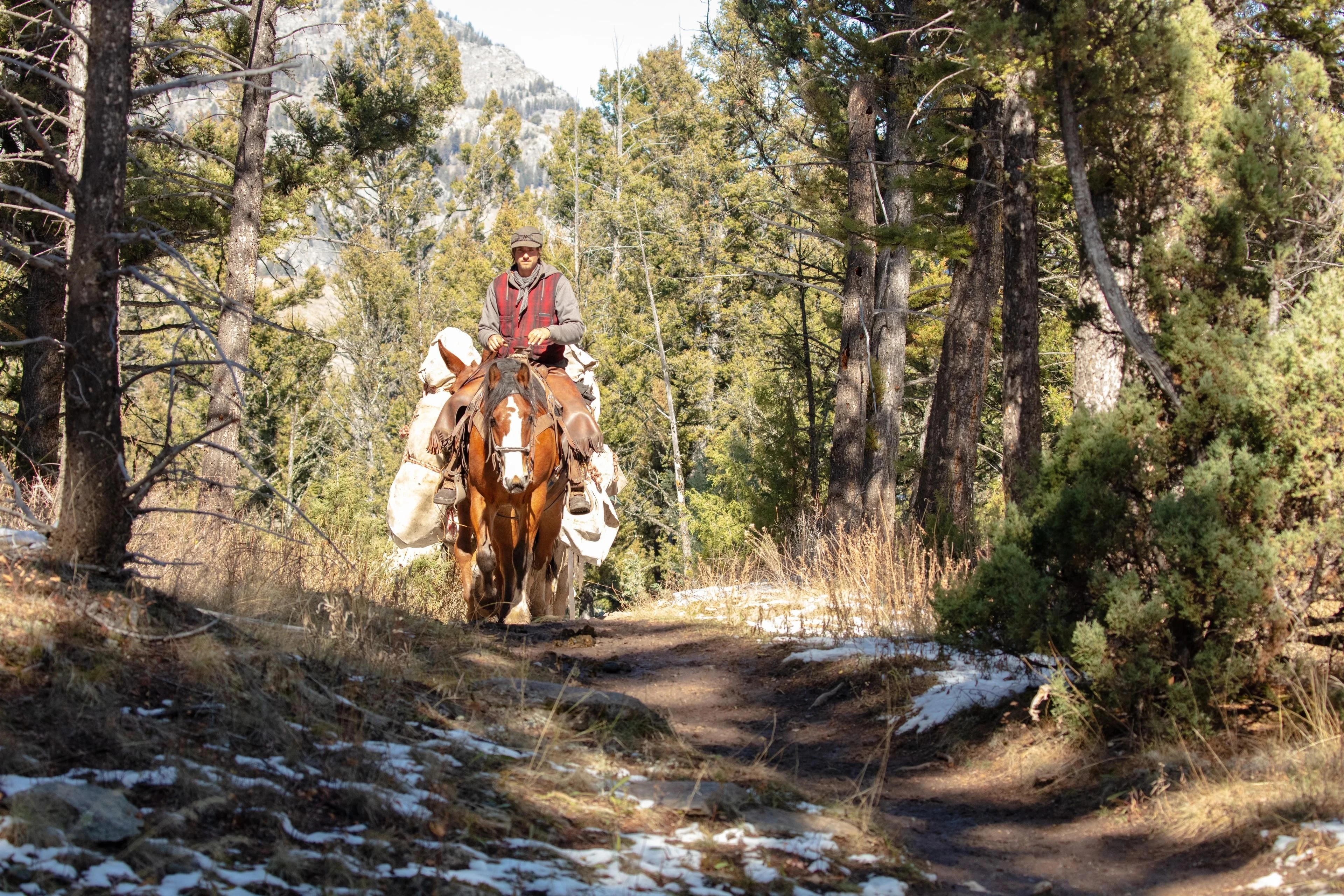A rider and pack string approach along a narrow wooded trail edged with patches of snow.