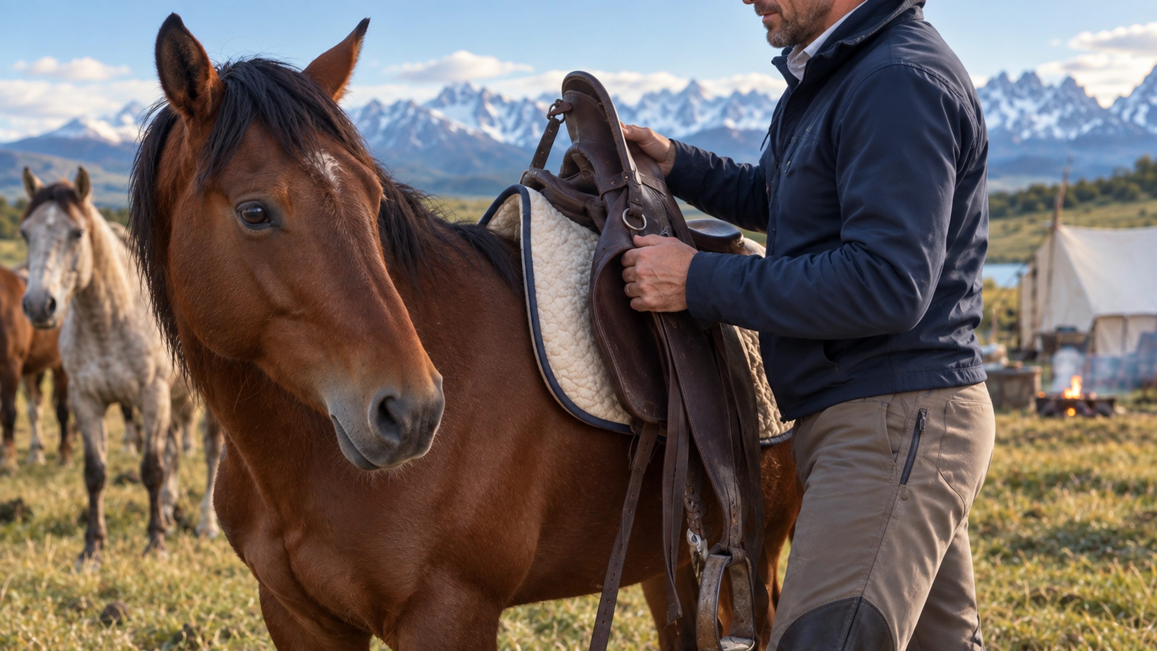 A handler removes a maintained leather saddle and clean ivory saddle pad from a healthy bay horse.