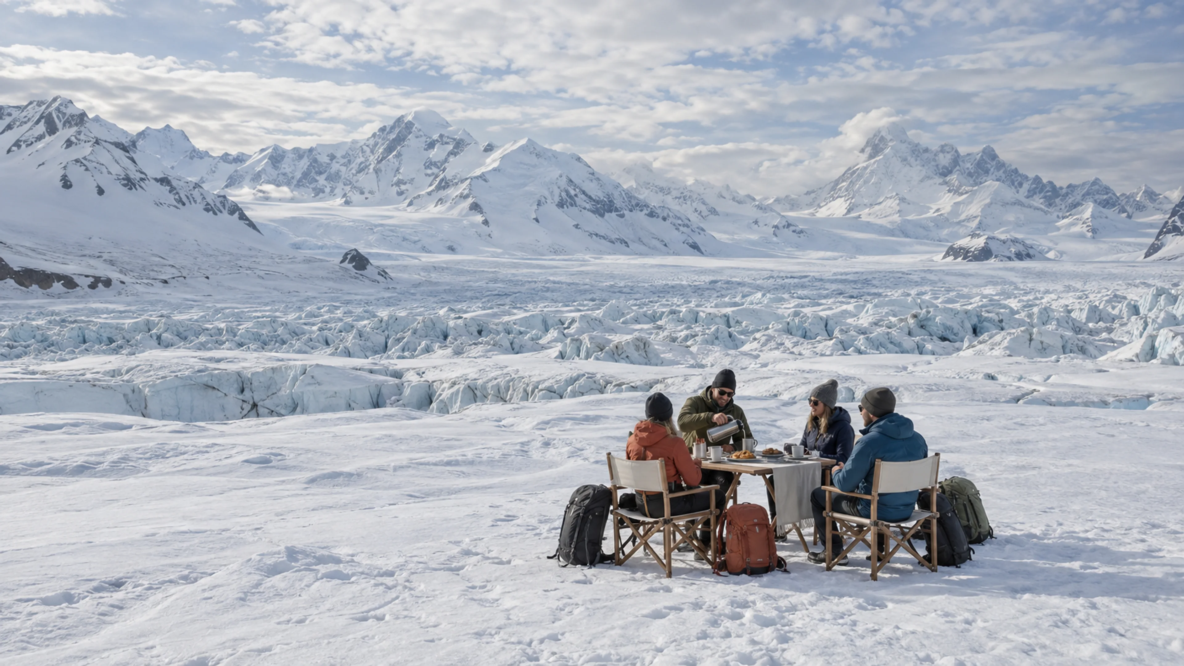 Four guests share a meal at a timber table and canvas chairs surrounded by white peaks and blue glacier ice.