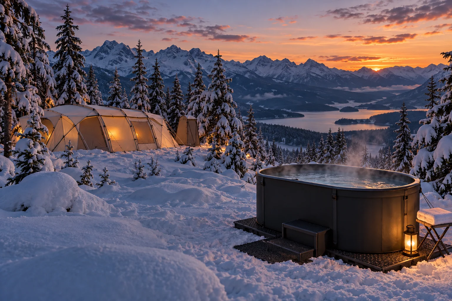 Steam rises from a portable heated soaking tub facing snowy scenery, with a separate shower tent nearby.