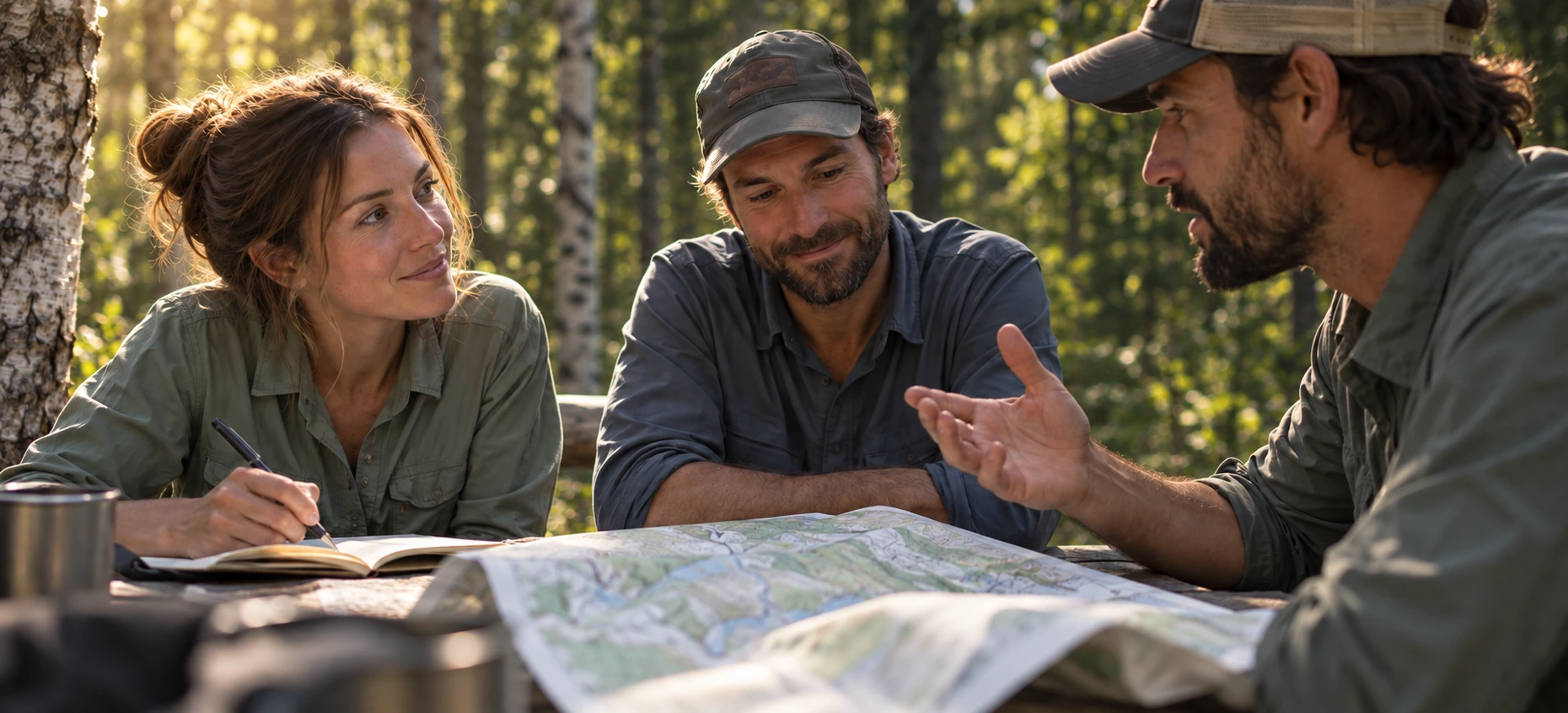 Three companions exchange ideas over a paper map and field notebook in a summer birch clearing.