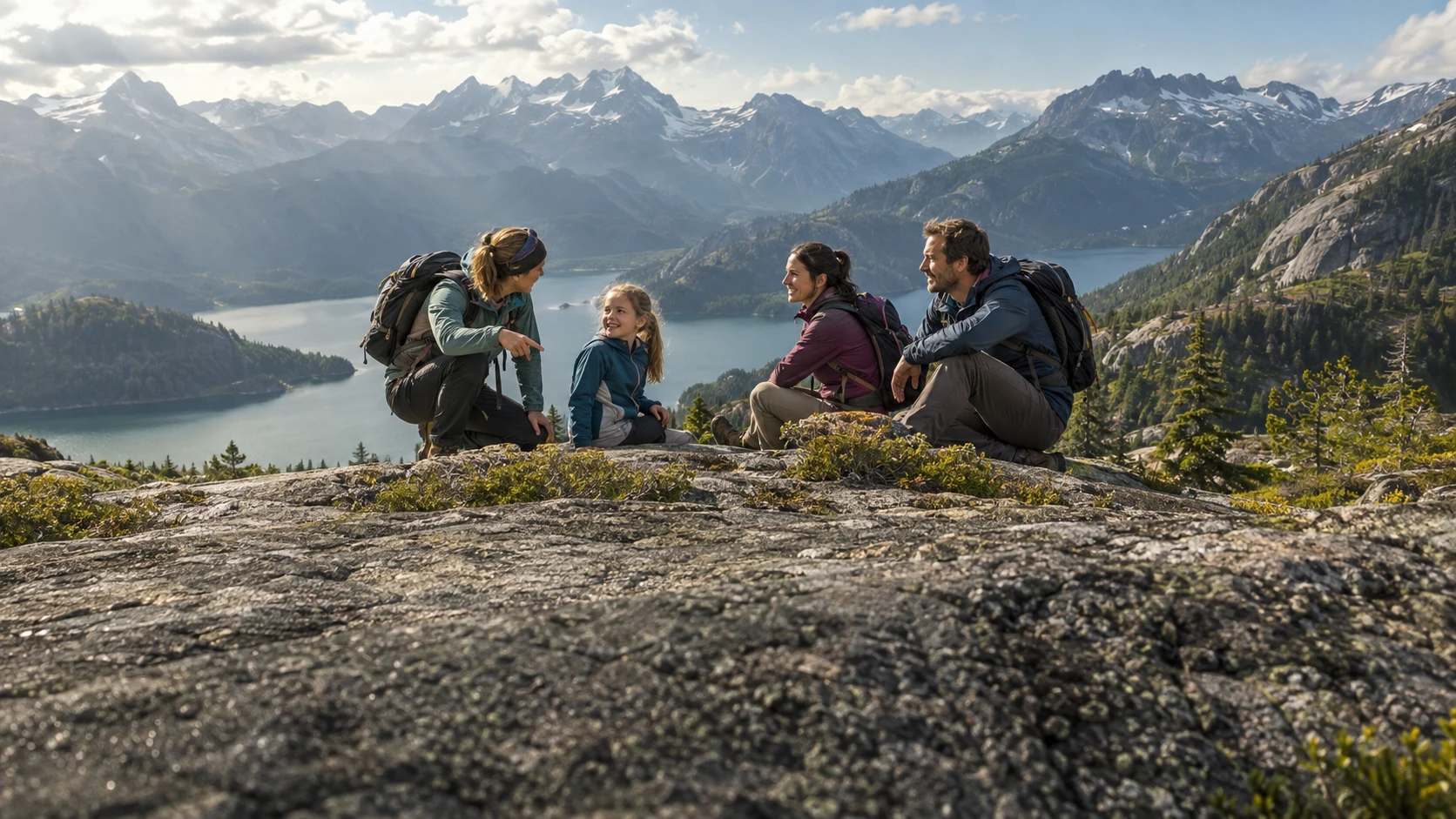 Parents and a child sharing a moment with a guide on broad mountain ground above an alpine lake.