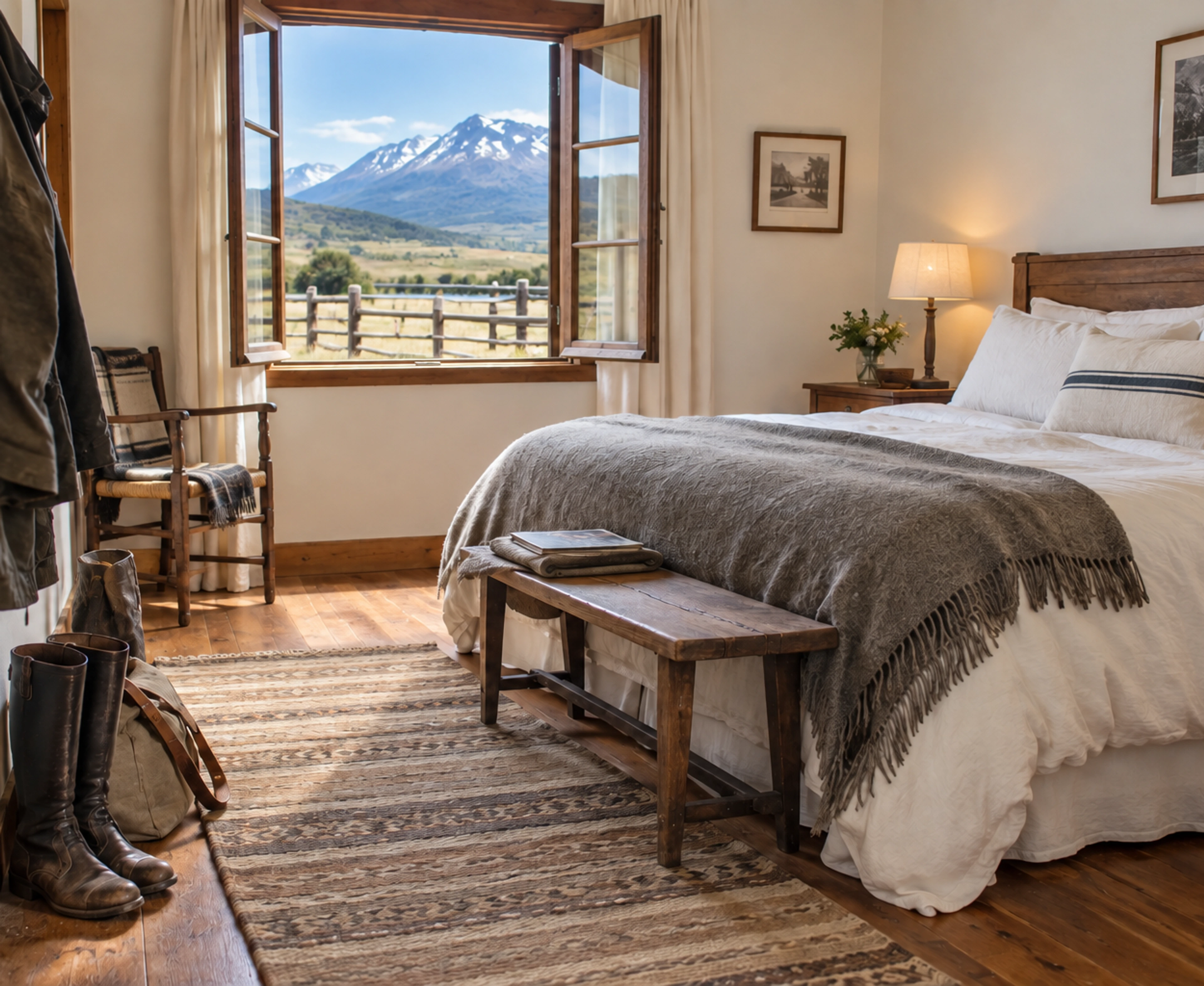 A comfortable estancia-style bedroom with riding boots and a view toward open country.
