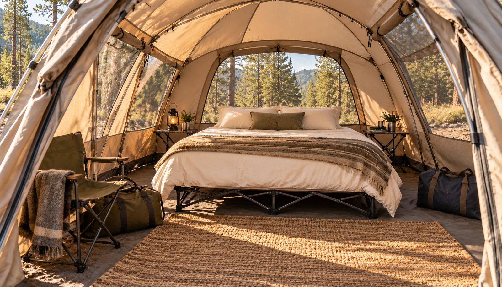A double bed with fresh bedding and portable furniture inside a spacious domed tent.