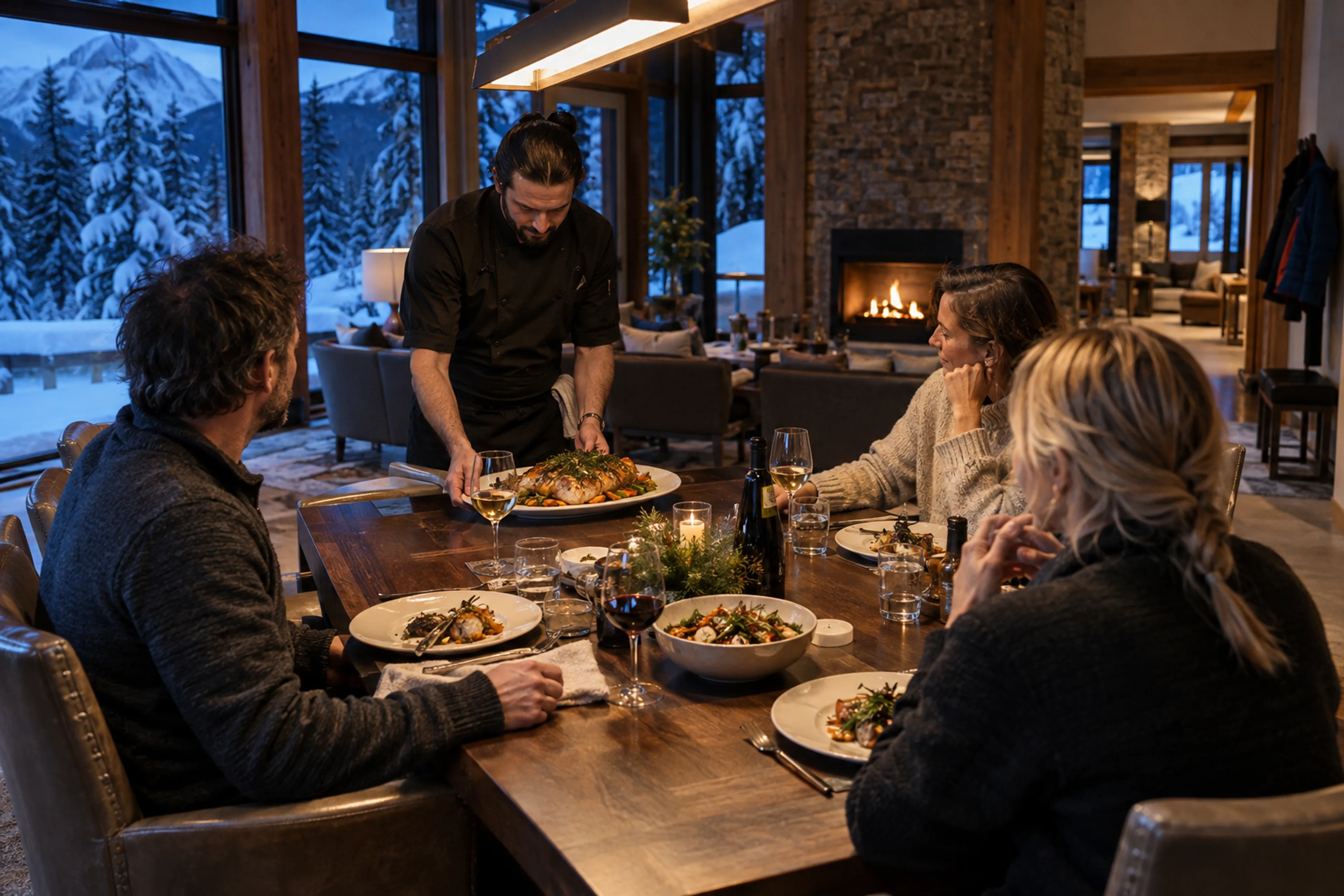 A chef serves dinner to three guests at a winter lodge, with snowy forest beyond the windows.