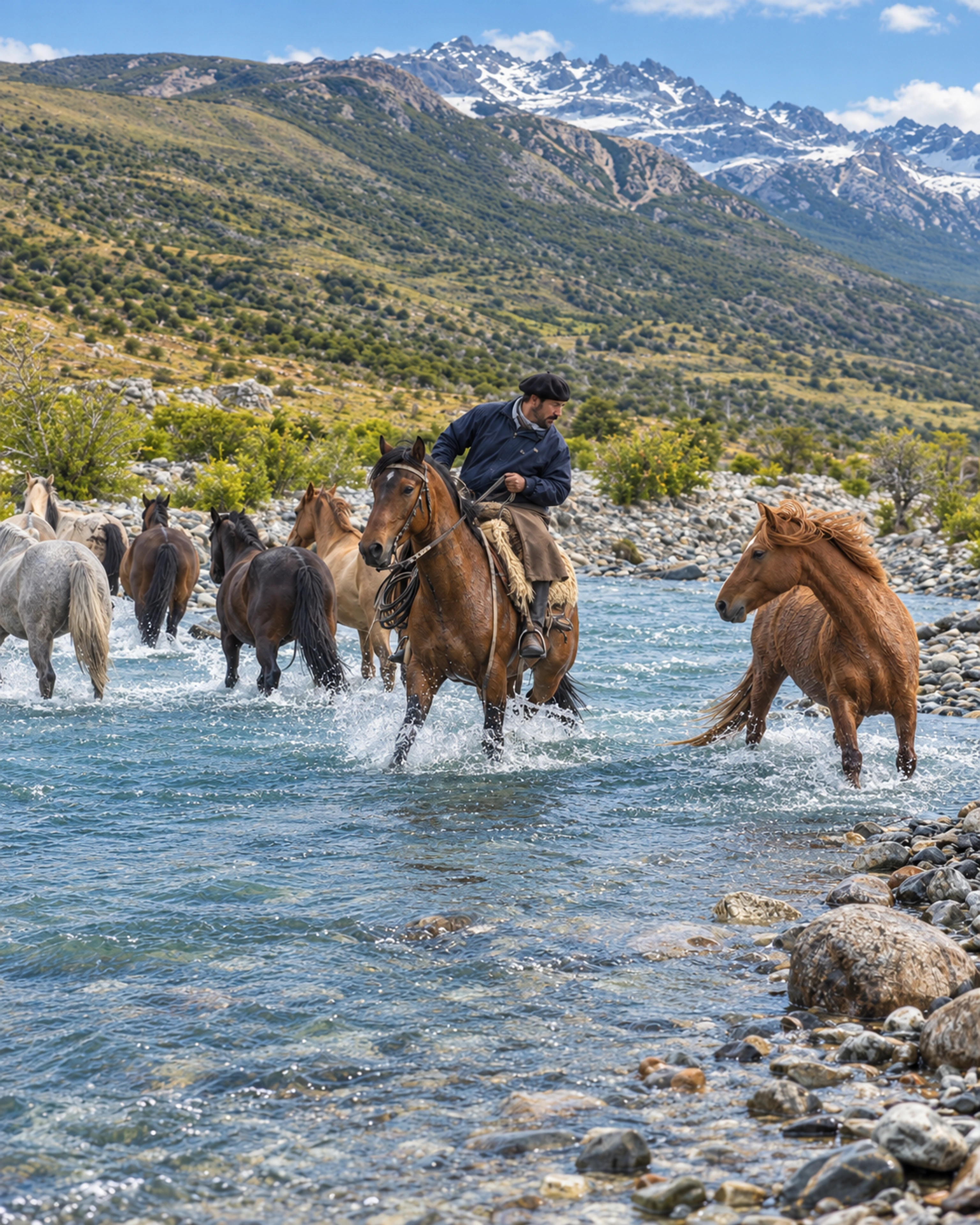 A gaucho redirects a straggling horse beside the herd at a shallow river crossing.