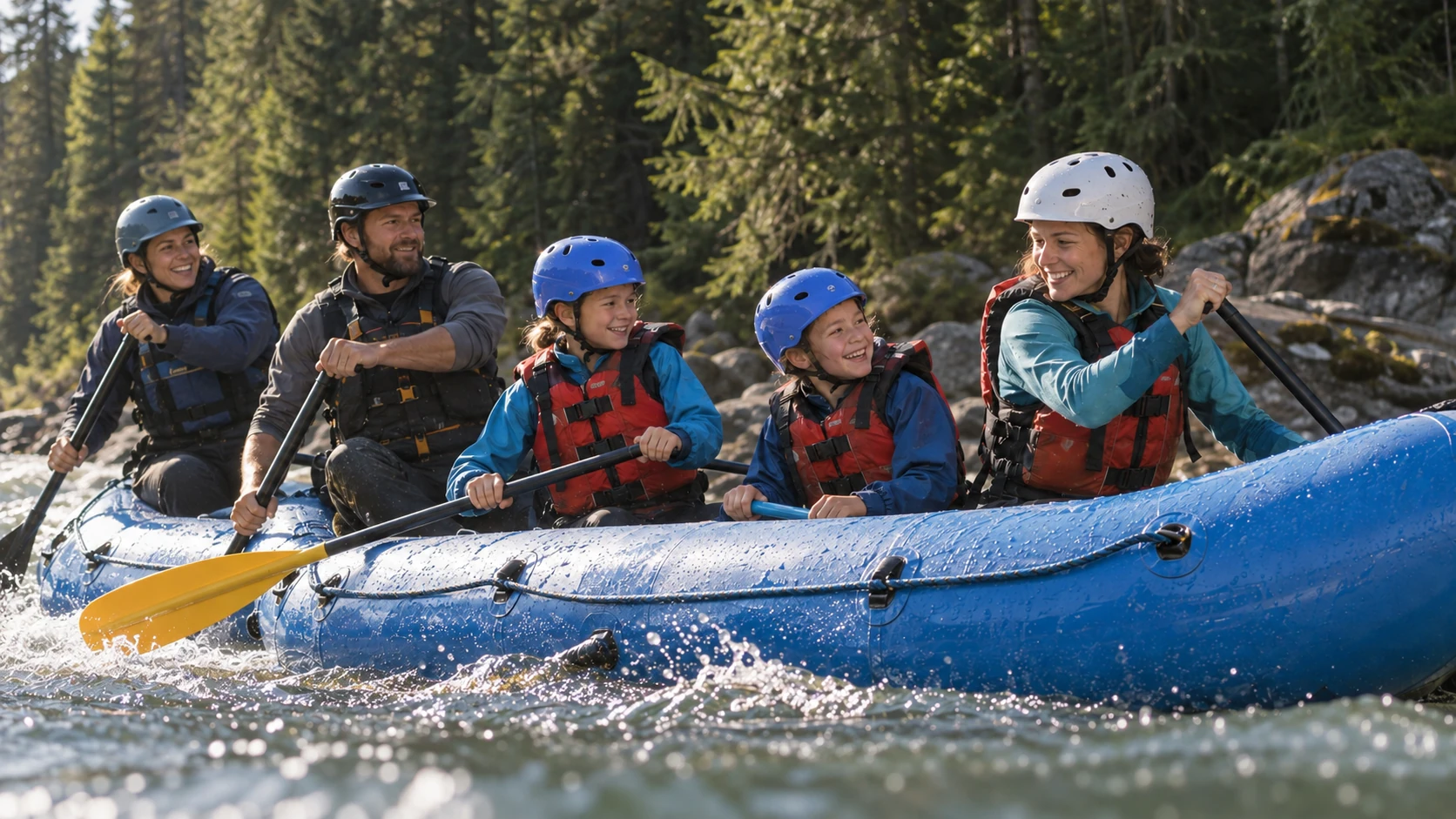 Parents and children wearing helmets and buoyancy aids in a blue raft, with a guide at the stern.