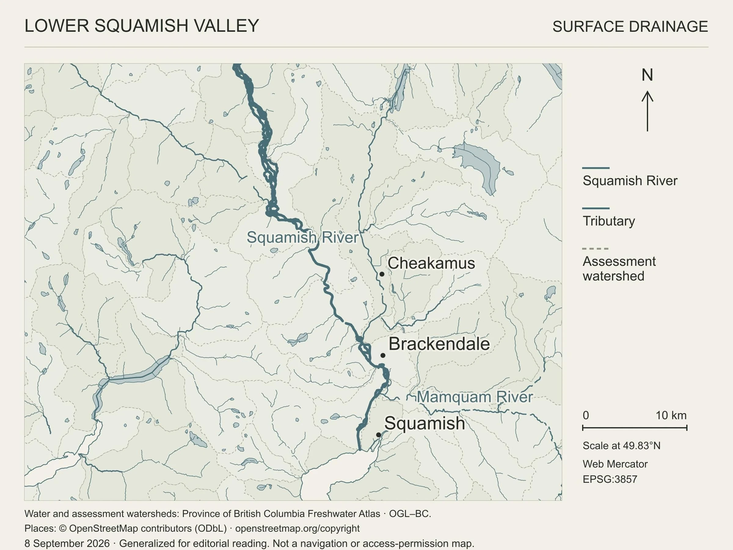 The same lower Squamish Valley extent showing the Squamish River and mapped tributaries, lakes and dashed assessment watershed unit boundaries.