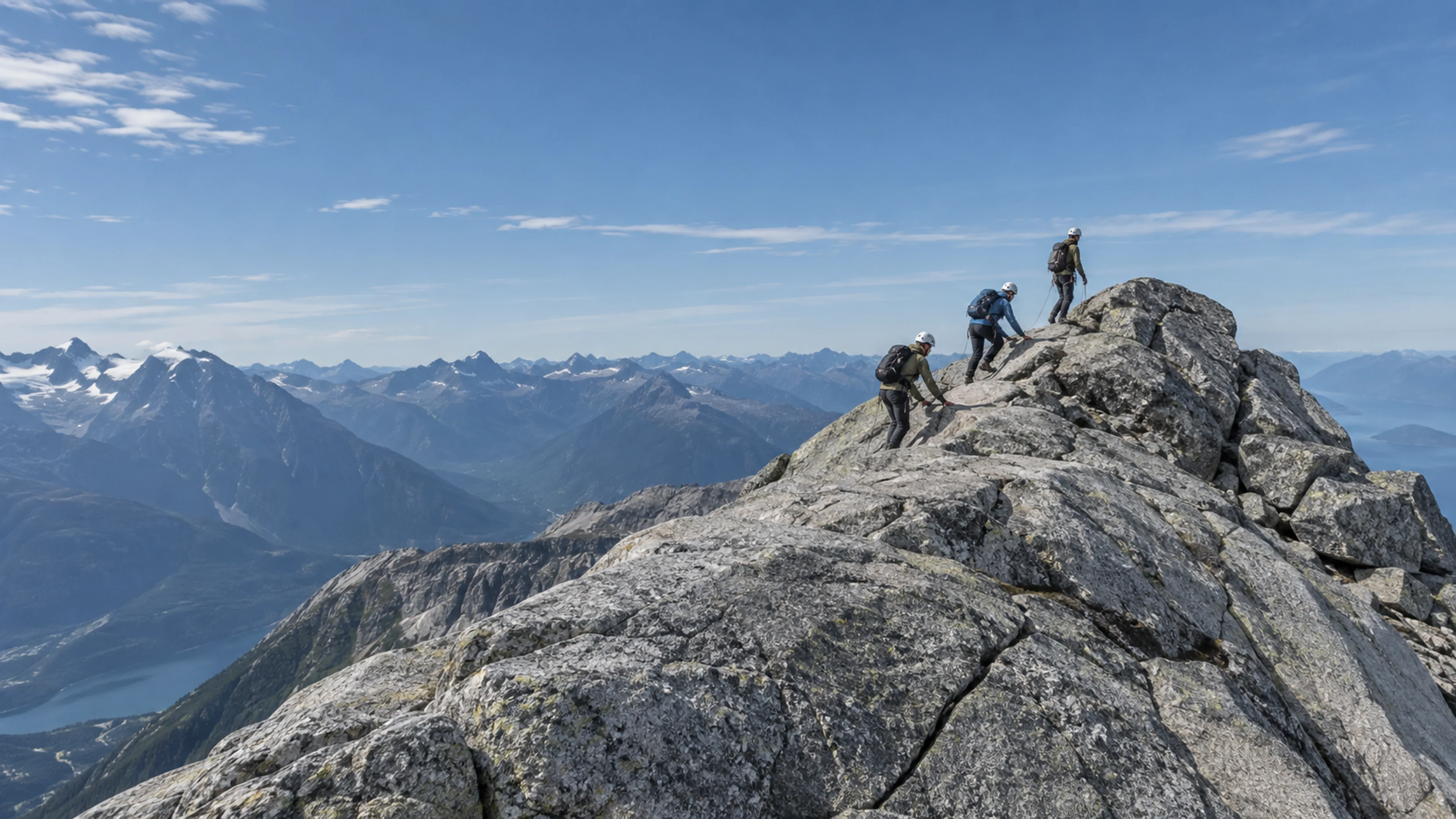 A small guided group makes the final steps up an exposed granite ridge above the tree line.