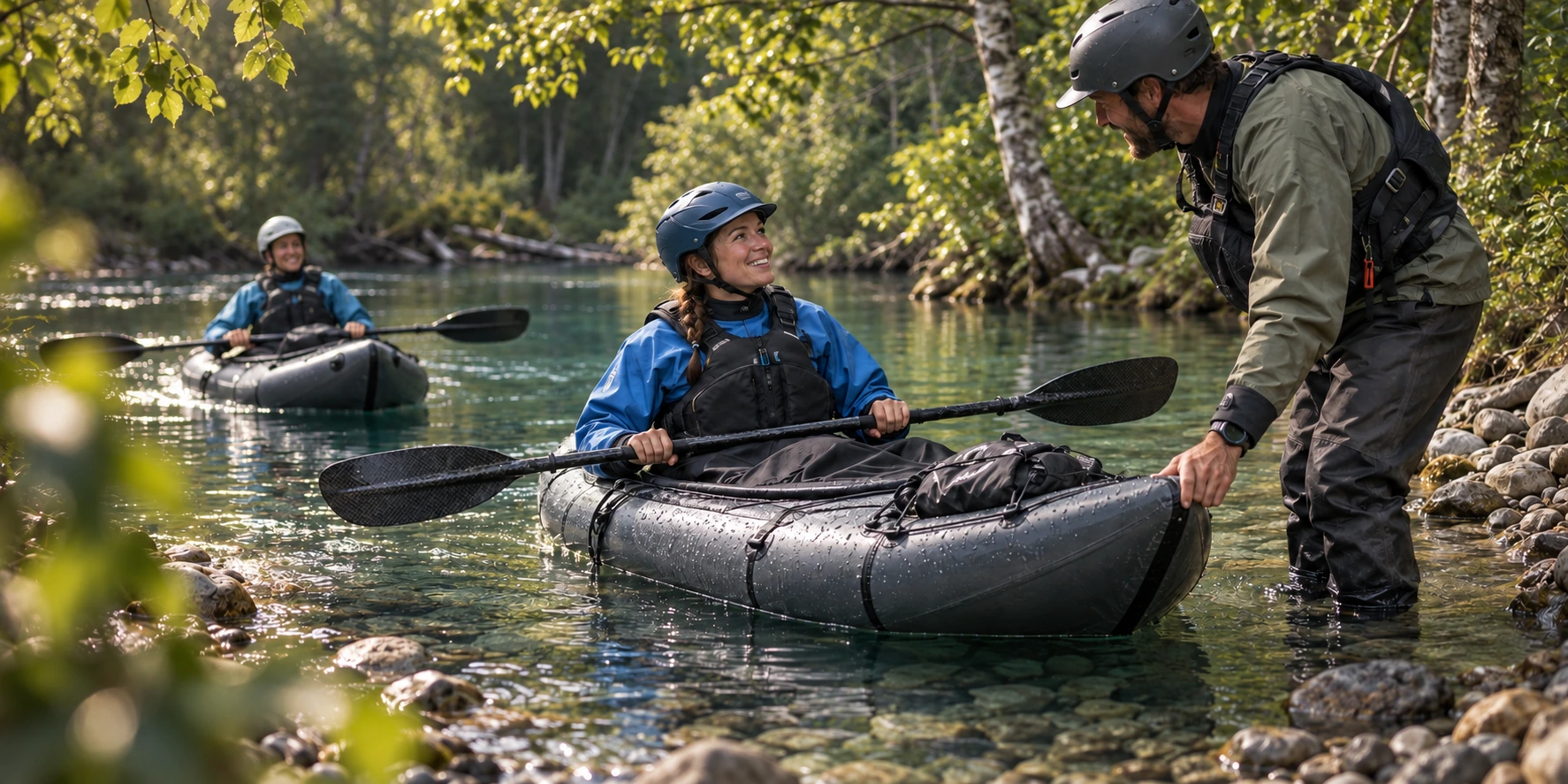 A guide steadies a decked packraft as a paddler prepares to leave a sheltered birch-lined riverbank.