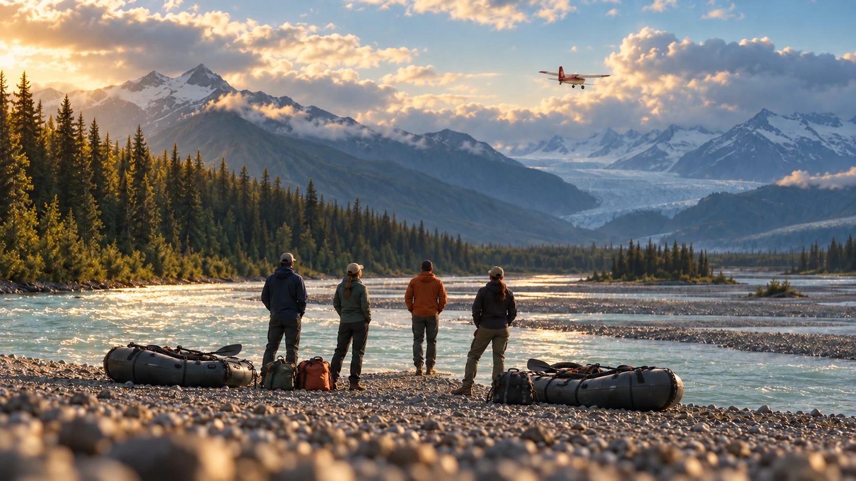 Four travellers watch a bush plane depart over a river, with packrafts on the bank and golden light across the forest.