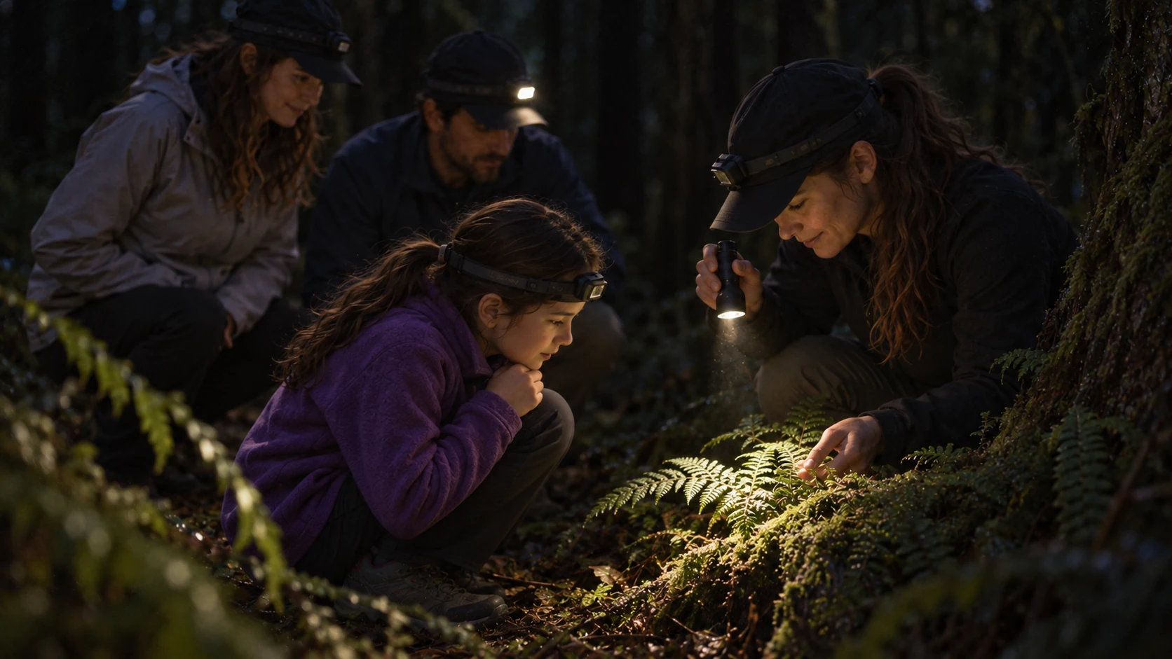 A guide showing a child and parents fern shoots and moss by torchlight during an evening forest walk.