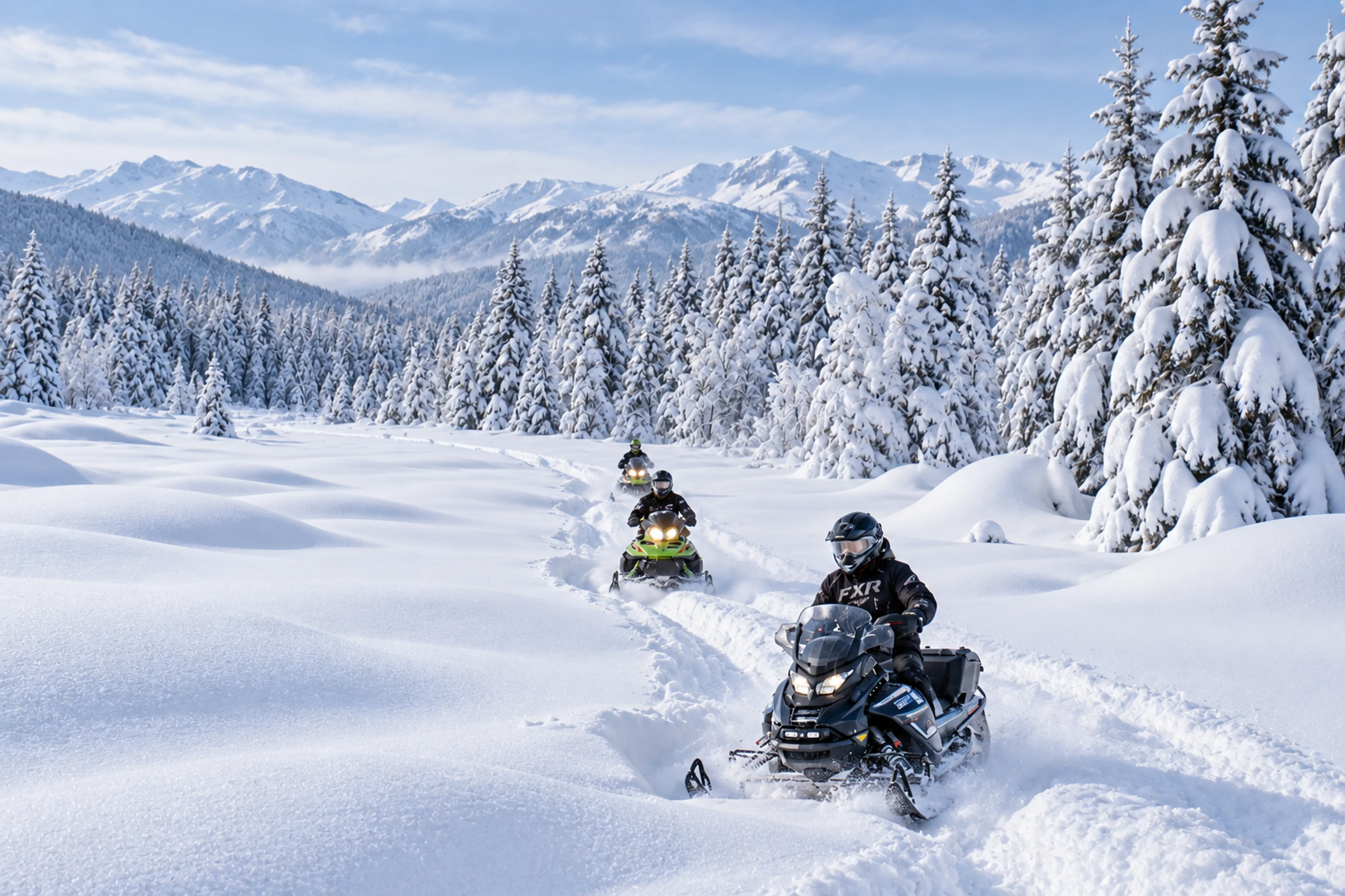 Three helmeted snowmobilers follow deep tracks through a snow-laden mountain forest.