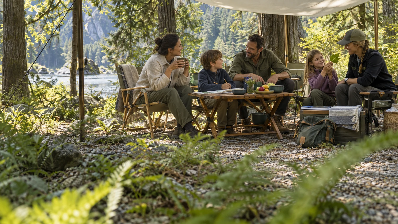 Parents and children drawing, sharing tea and relaxing beneath a daytime canopy.