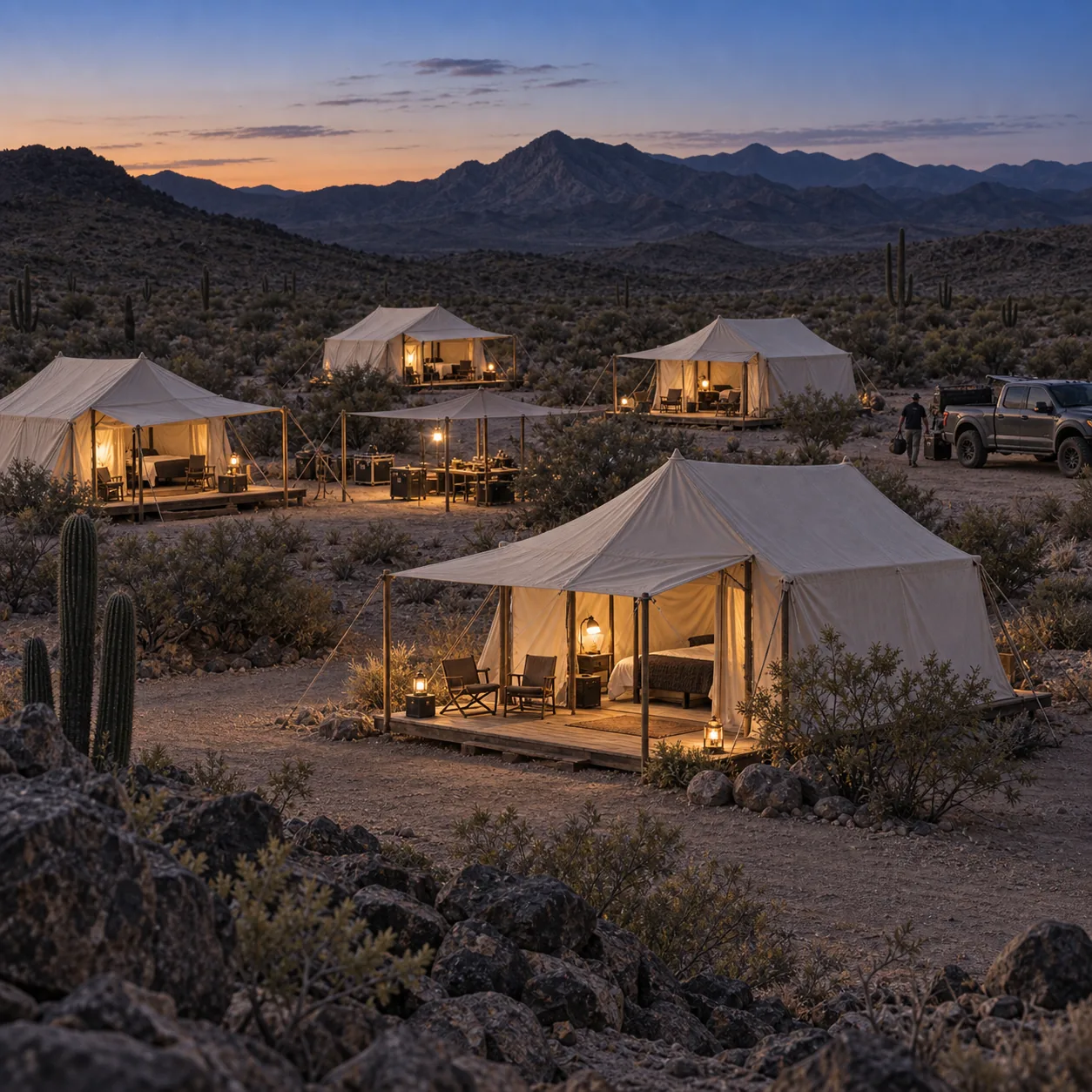 A desert race camp at dusk, with canvas accommodation, shared seating and a support pickup beneath mountain ridges.