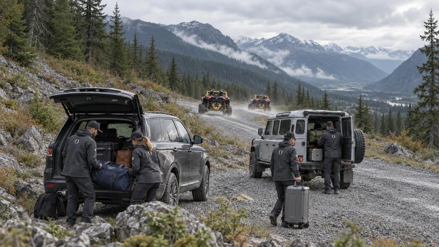 Four Orange Flint logistics crew members load mixed luggage into two support vehicles while guests depart in Can-Am Maverick R UTVs.