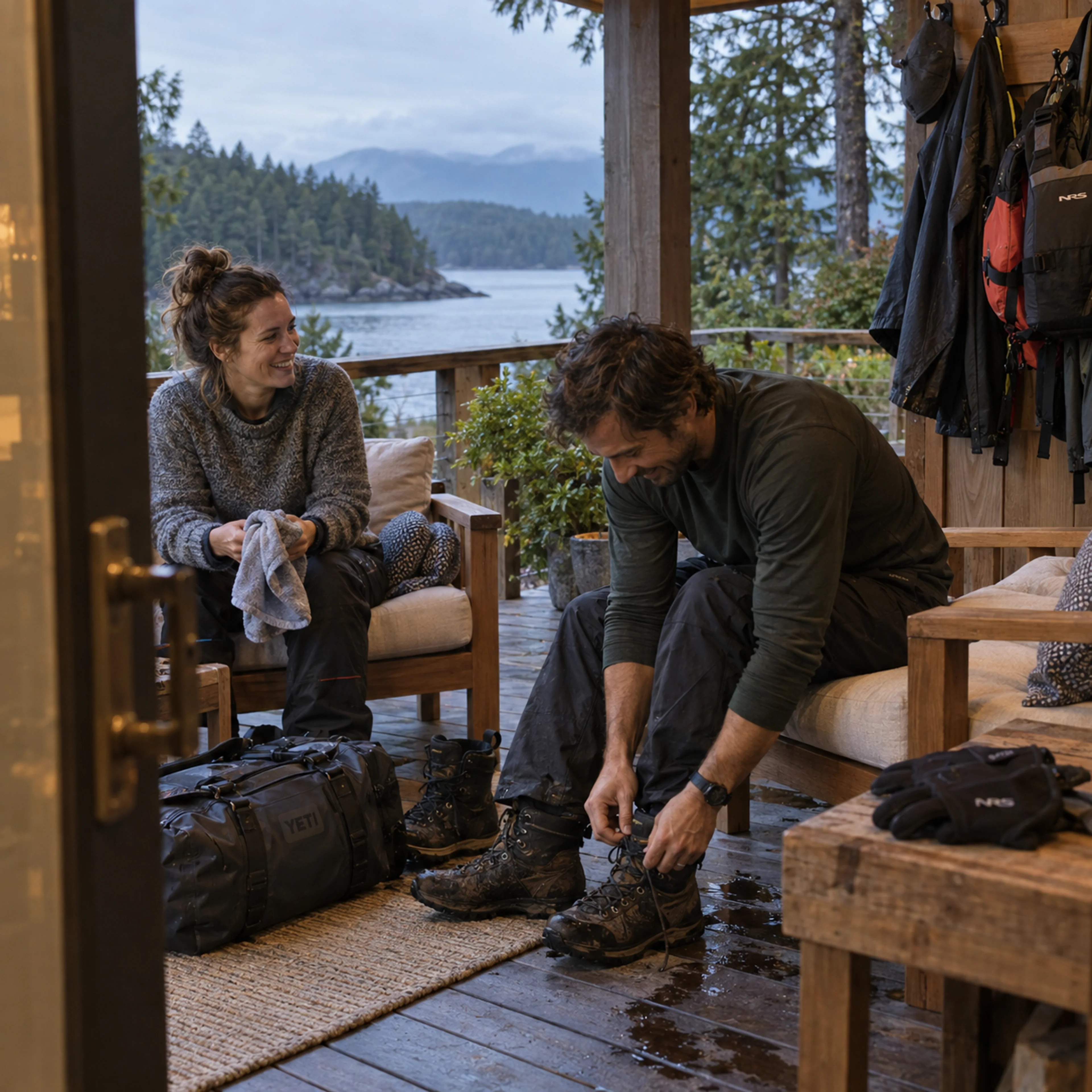 Guests remove wet boots on a waterside porch, with jackets, flotation equipment and travel bags nearby.
