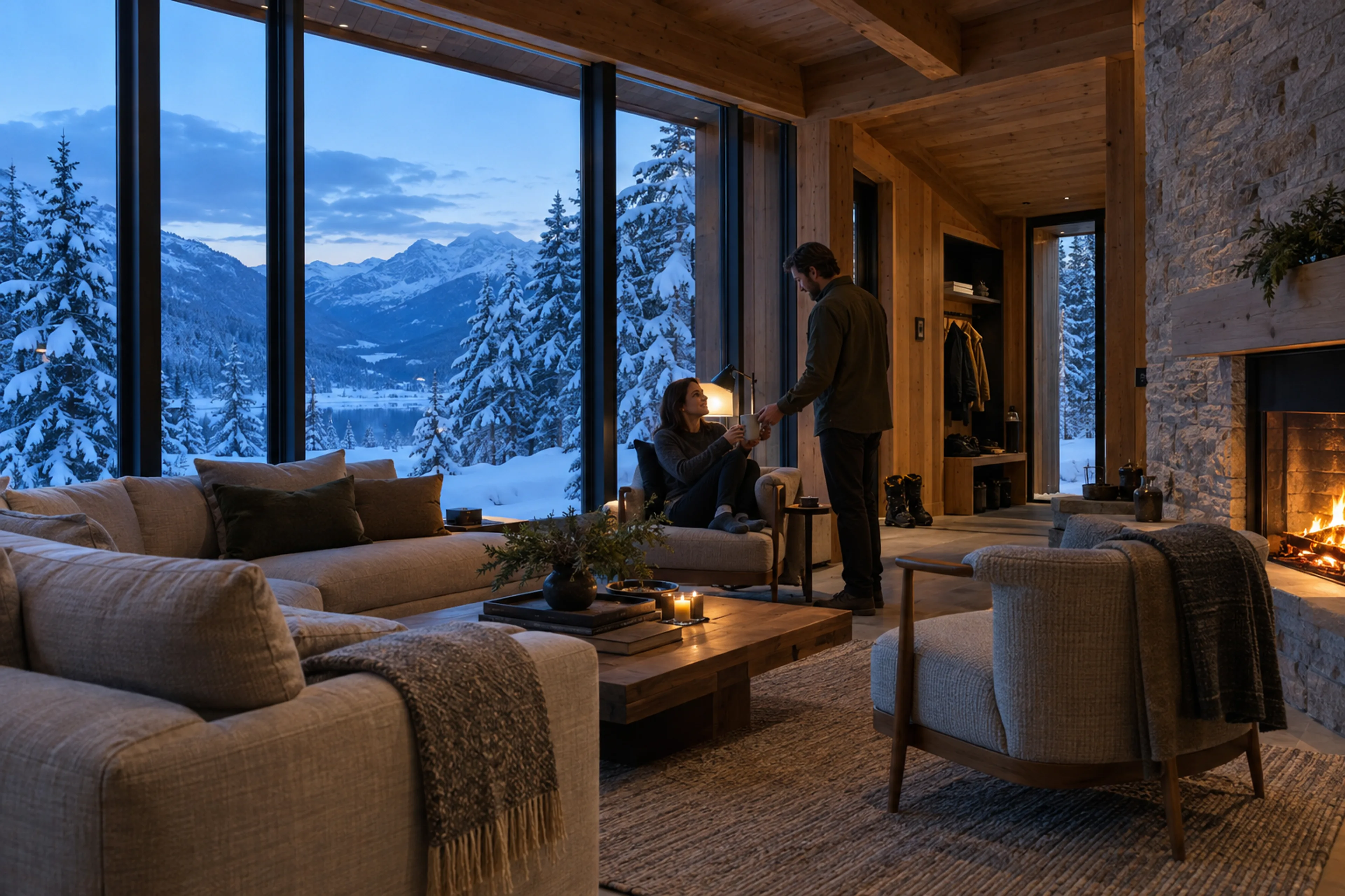 Guests settle into a warm timber-and-stone lodge overlooking snow-covered forest and mountains.