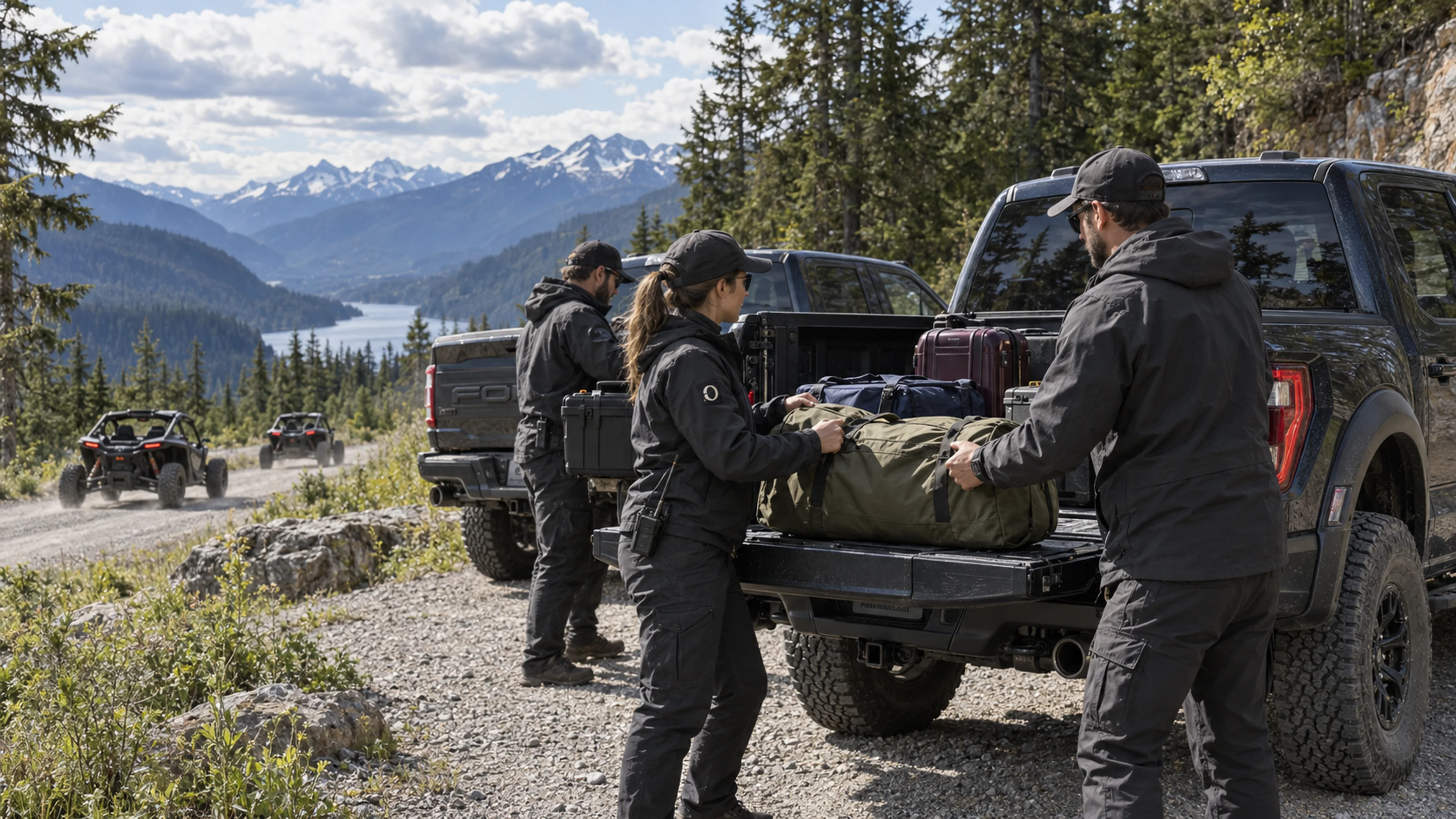 Field staff load varied luggage into Raptor support pickups while guests drive side-by-sides away along a forest road.