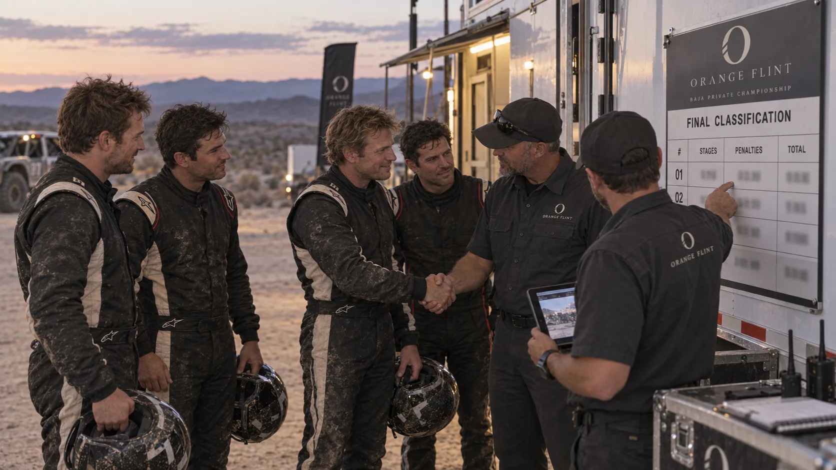 Four drivers review the final classification with Orange Flint staff as the first-place driver is congratulated beside the results board.
