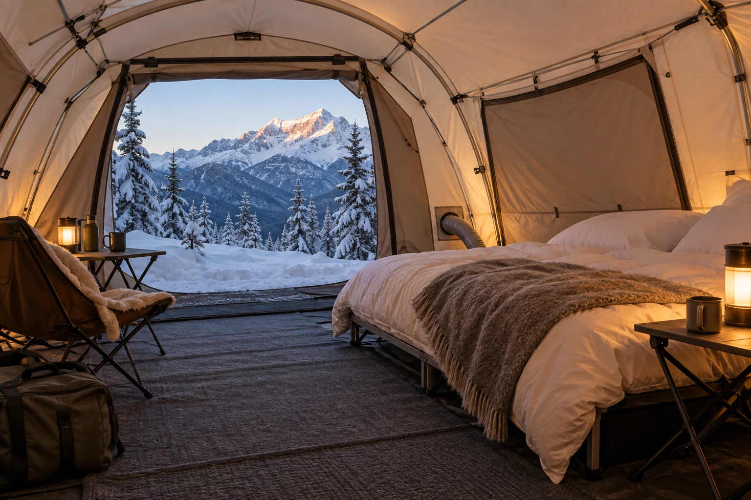One double bed, lightweight furniture and warm lamps inside a large curved-pole camping tent, with snowy trees beyond the entrance.