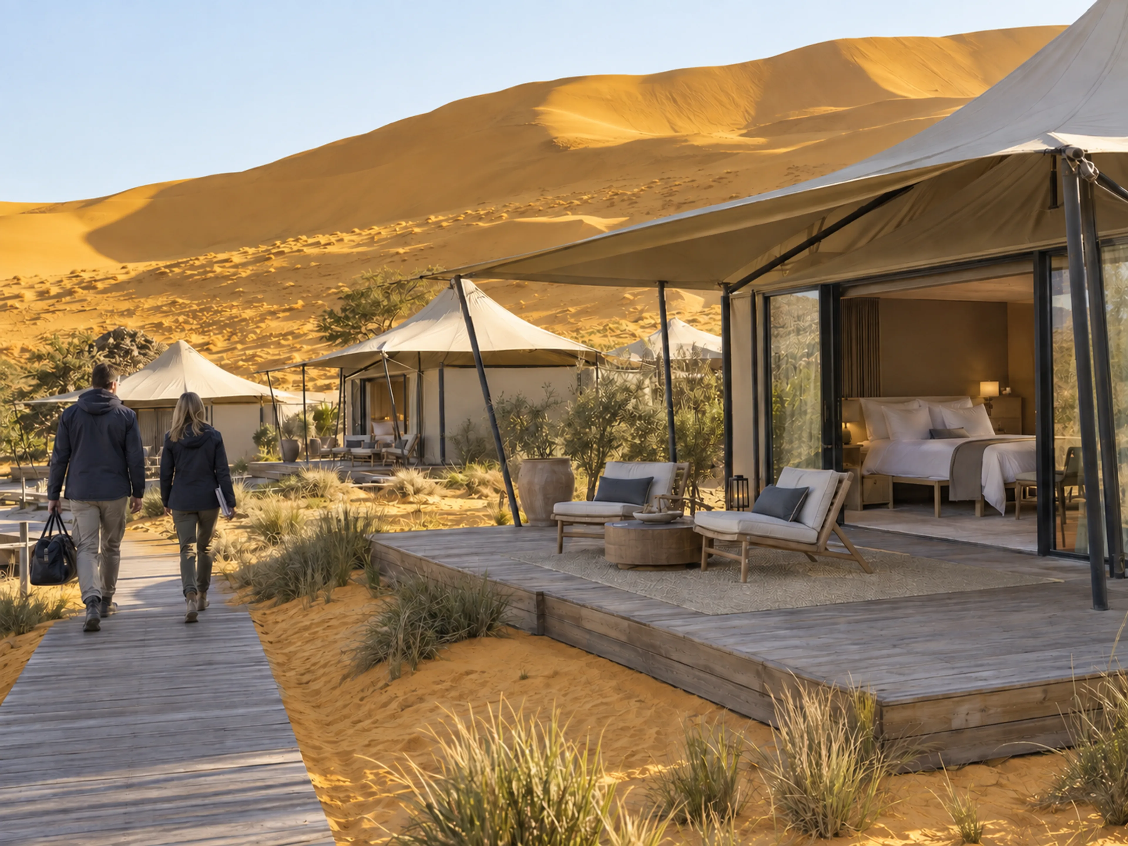 Travellers return to a refined canvas suite with a timber terrace, comfortable seating and dunes beyond.