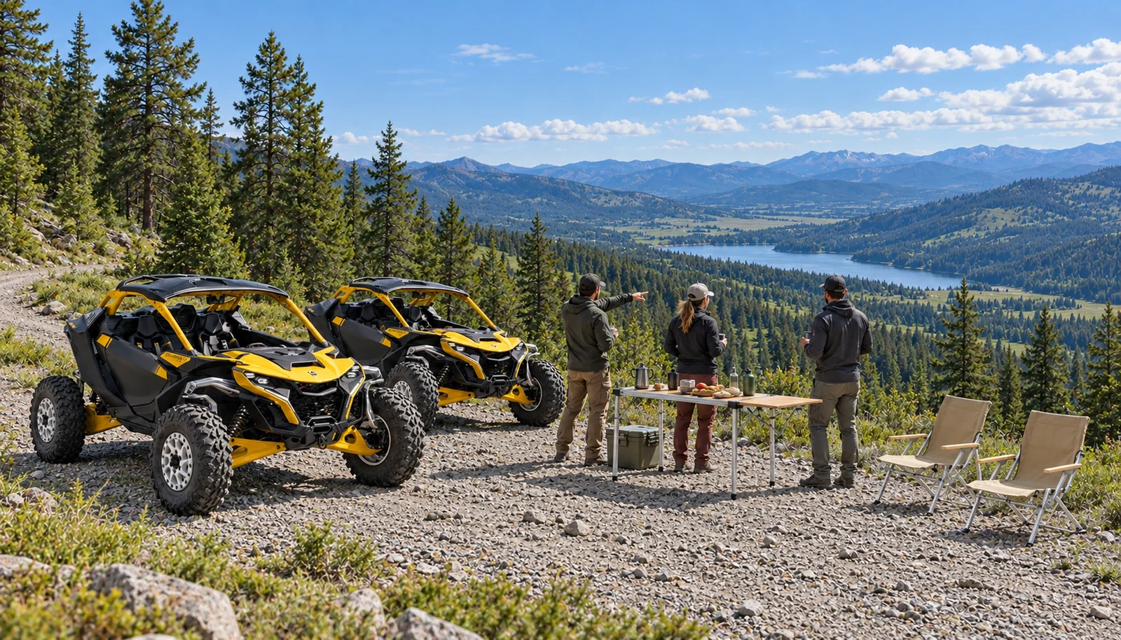Guests stop for lunch beside two parked Maverick R vehicles, overlooking a forested mountain valley.