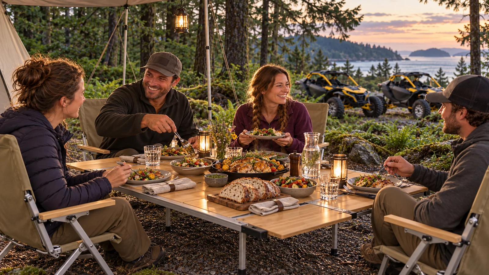 Guests share dinner around a low camping table in a forest camp.