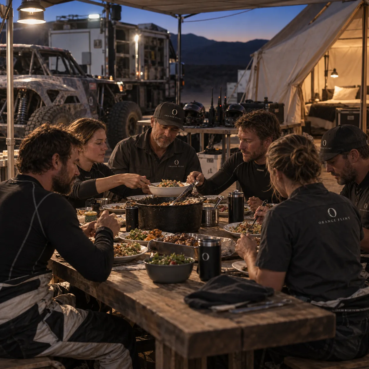 Drivers and Orange Flint staff share a hot meal beside a serviced canvas camp, with helmets on a separate gear bench.