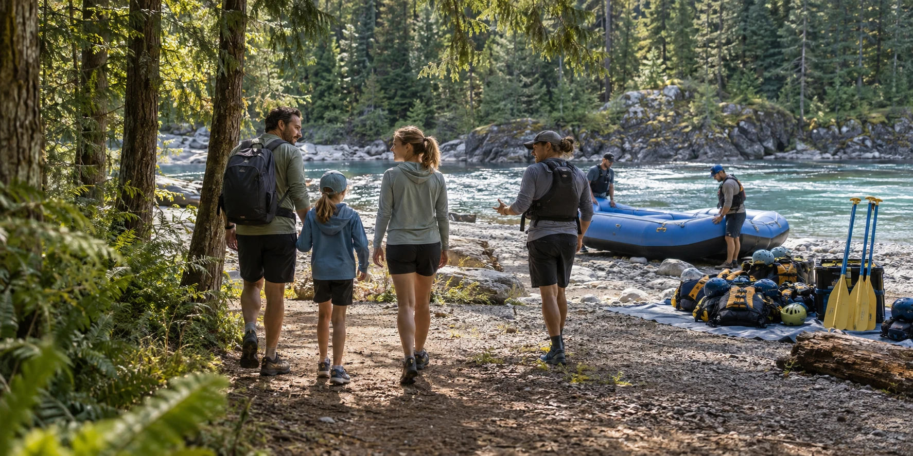 A family and guide following a forest path toward a raft and equipment prepared on the river shore.