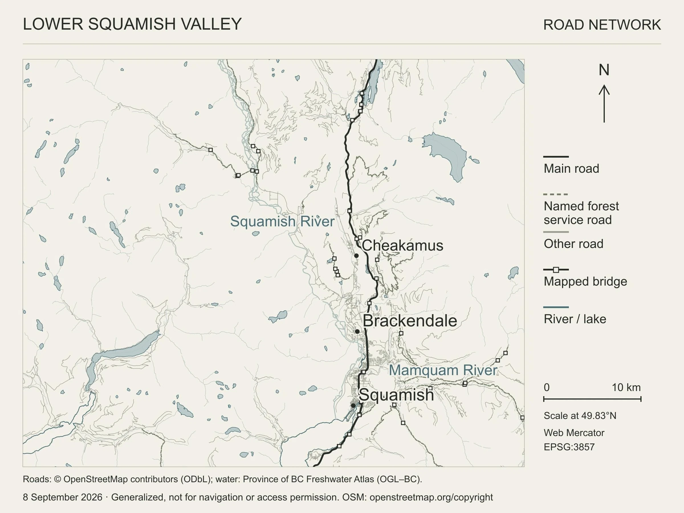 A road map of the lower Squamish Valley with the main north–south road, branching forest service roads, mapped bridge symbols and three reference settlements.