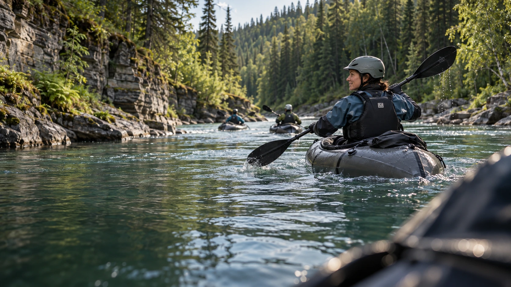 A paddler follows two boats through a green forest and rock-lined river corridor.