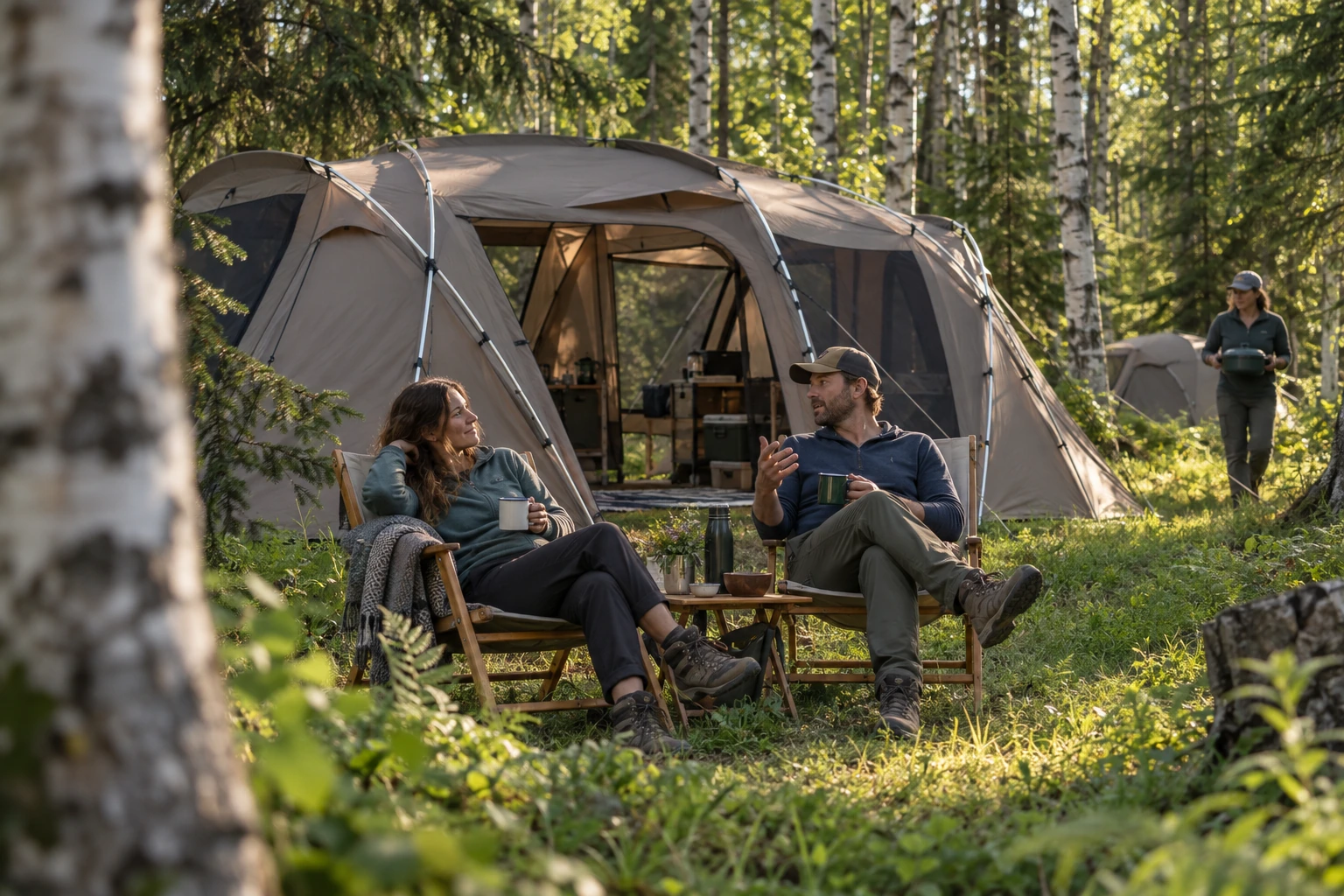 Companions relax with hot drinks outside a spacious camp shelter in a summer birch woodland.