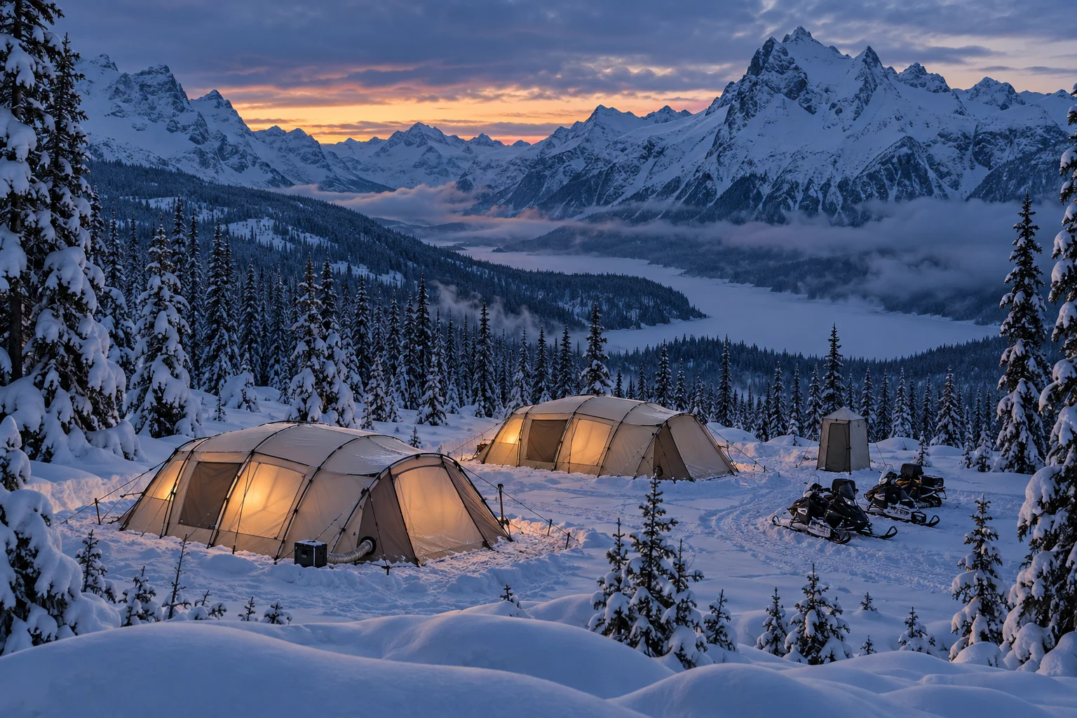 Large curved-pole camping tents glow in a snowy forest beneath mountain scenery, with snowmobiles parked nearby.