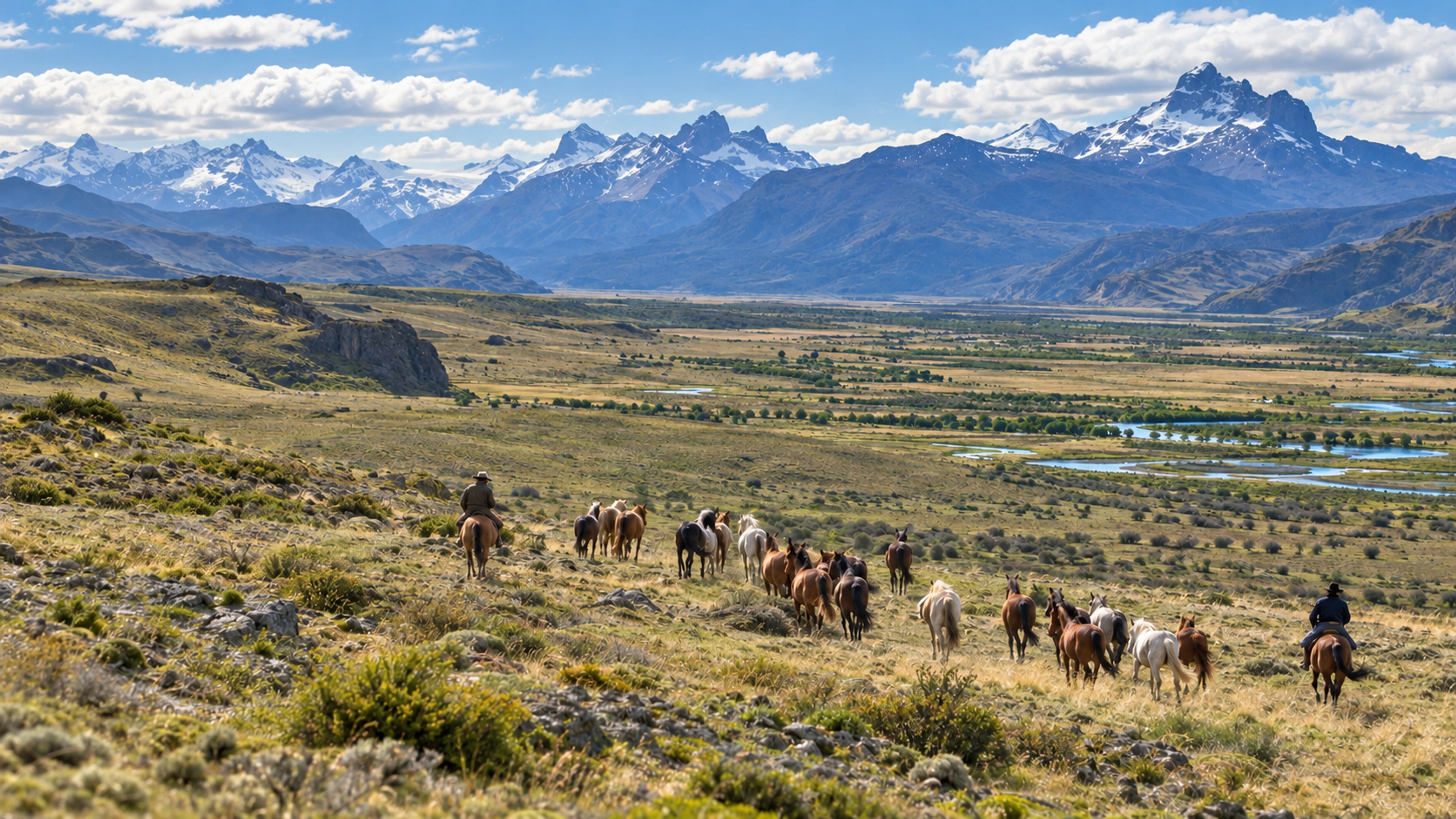 Mounted gauchos accompany a loose horse herd across a broad mountain valley.