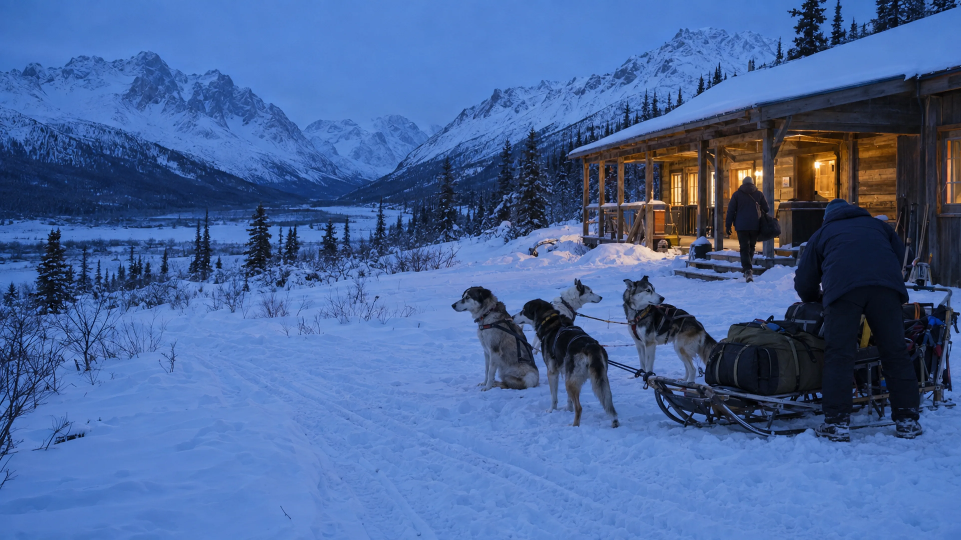 Travellers unload a dog sled beside a warm winter base as blue evening light settles over the mountain valley.
