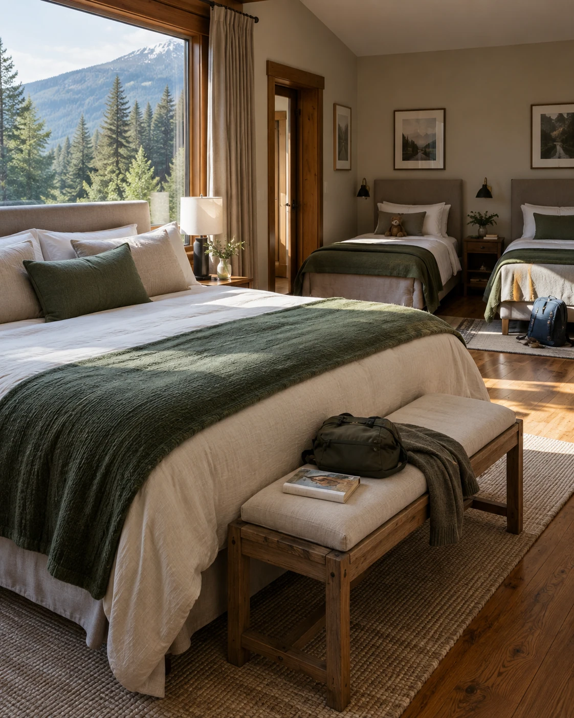 A timber-trimmed family room with one large bed and two single beds.