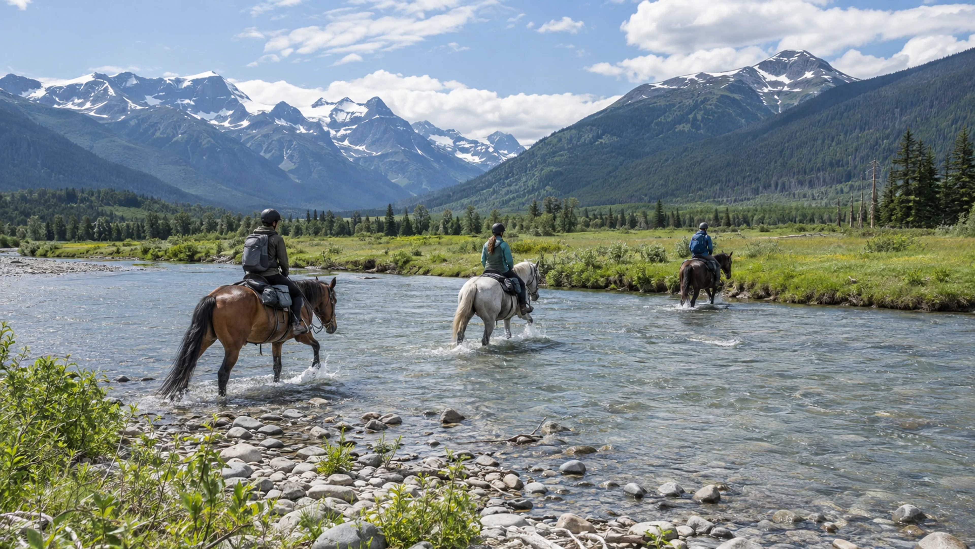 Three riders cross a shallow river toward an open meadow and the next part of the valley.