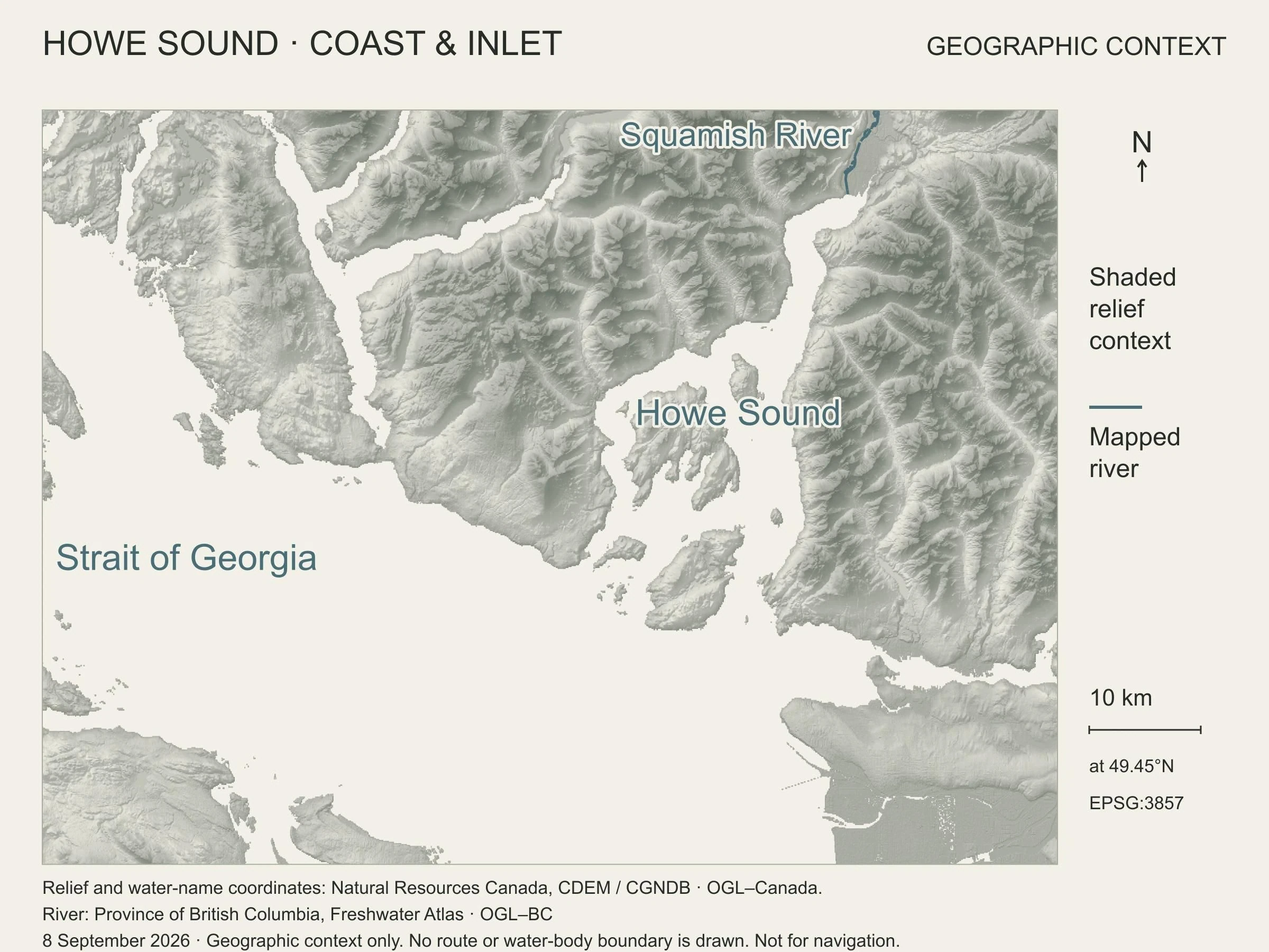 A shaded relief map labels the Strait of Georgia, Howe Sound and the actual Squamish River mainstem at the head of the inlet.