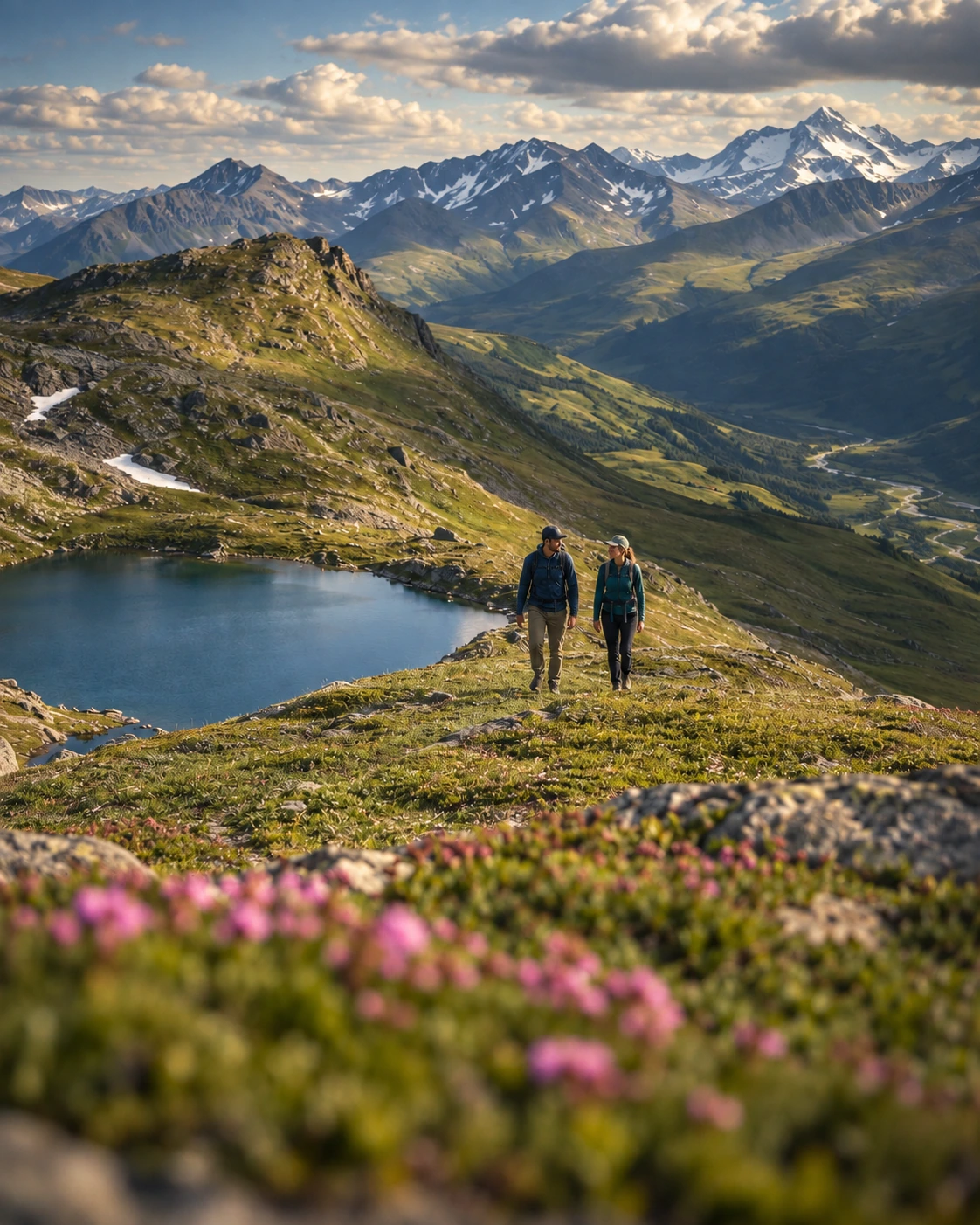Two walkers with compact packs cross a green alpine saddle above a blue lake and snow-streaked peaks.